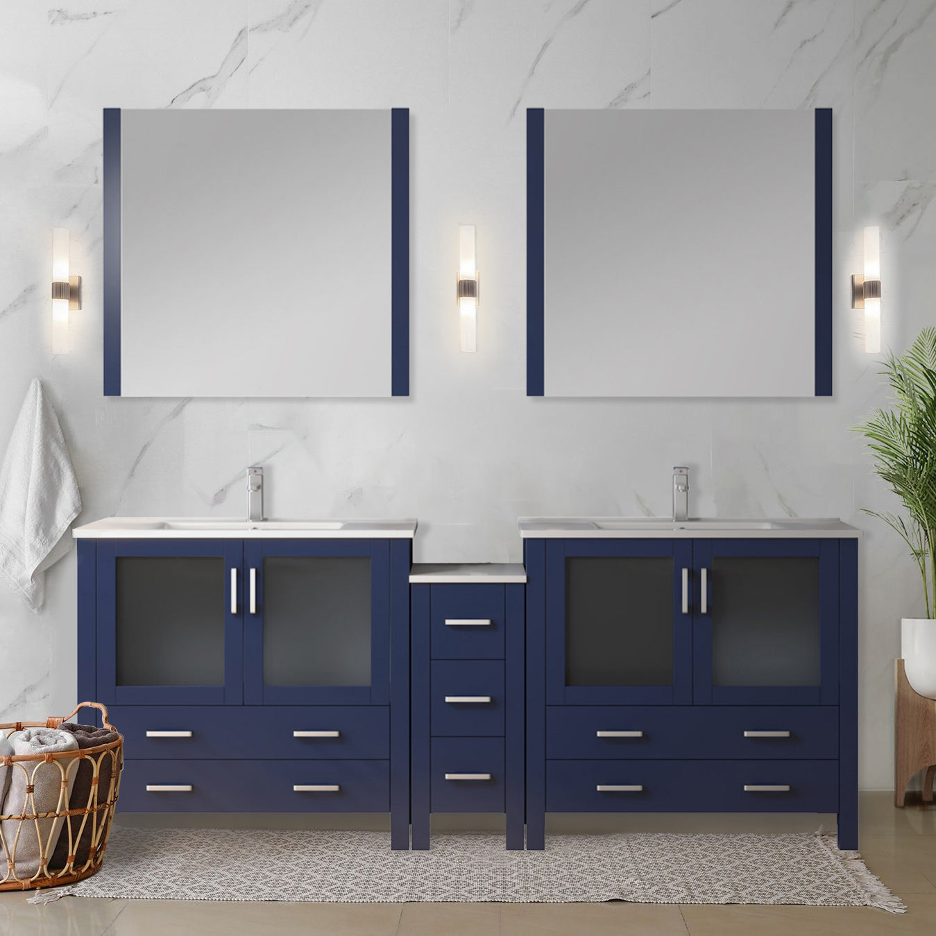 Volez 84 in W Navy Blue Double Bath Vanity with Side Cabinet