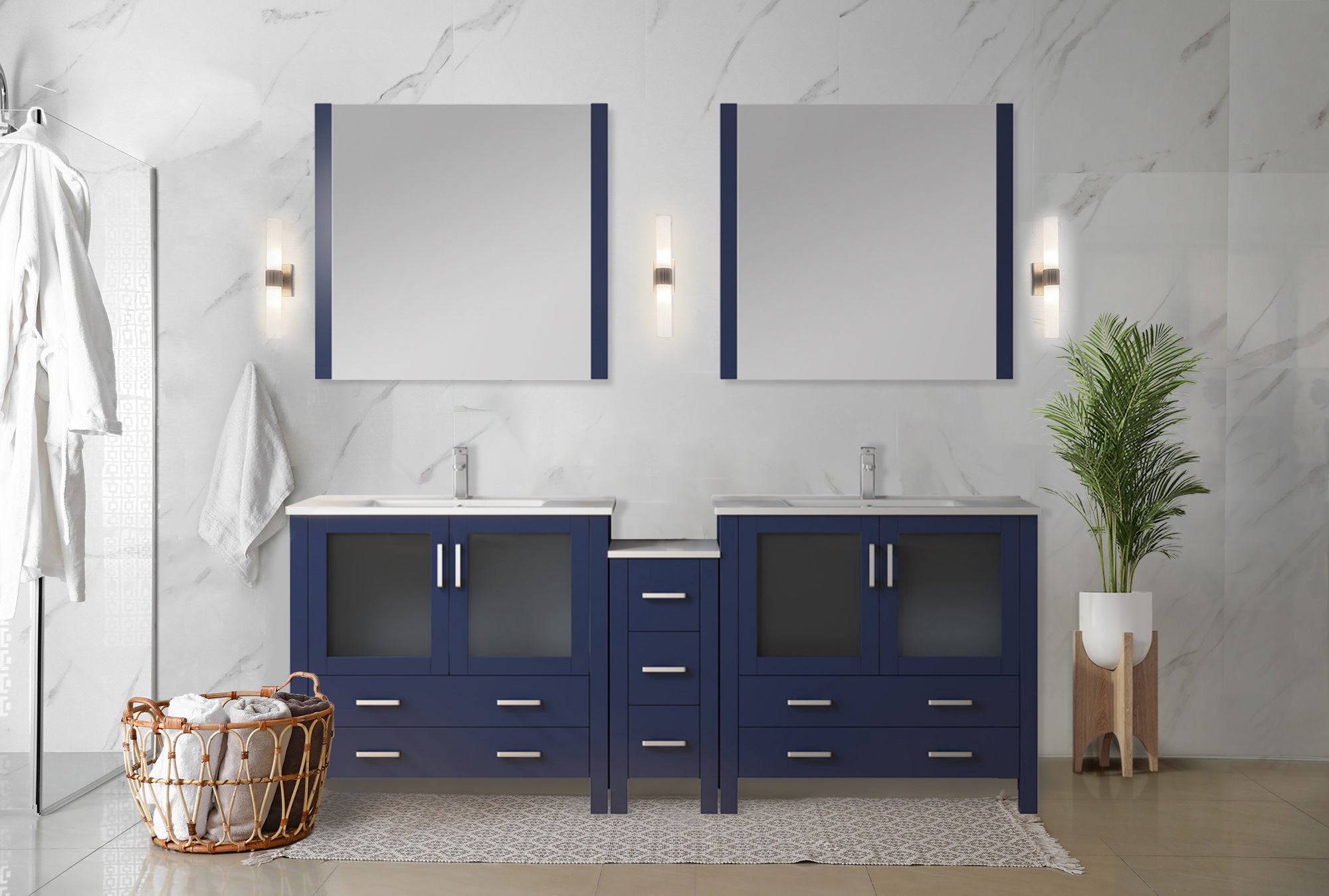Volez 84 in W Navy Blue Double Bath Vanity with Side Cabinet
