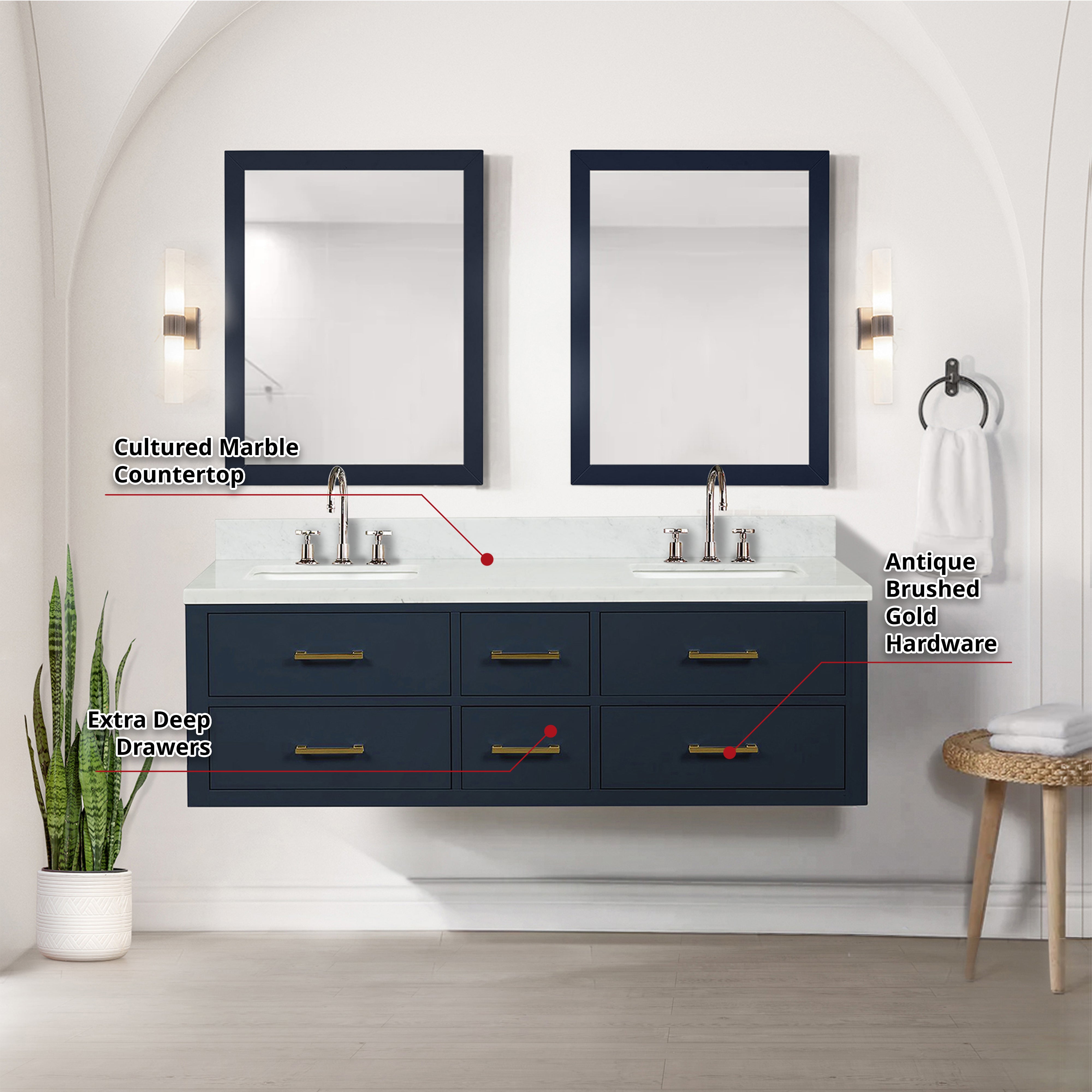 Castor 60 in W x 22 in D Blue Double Bath Vanity