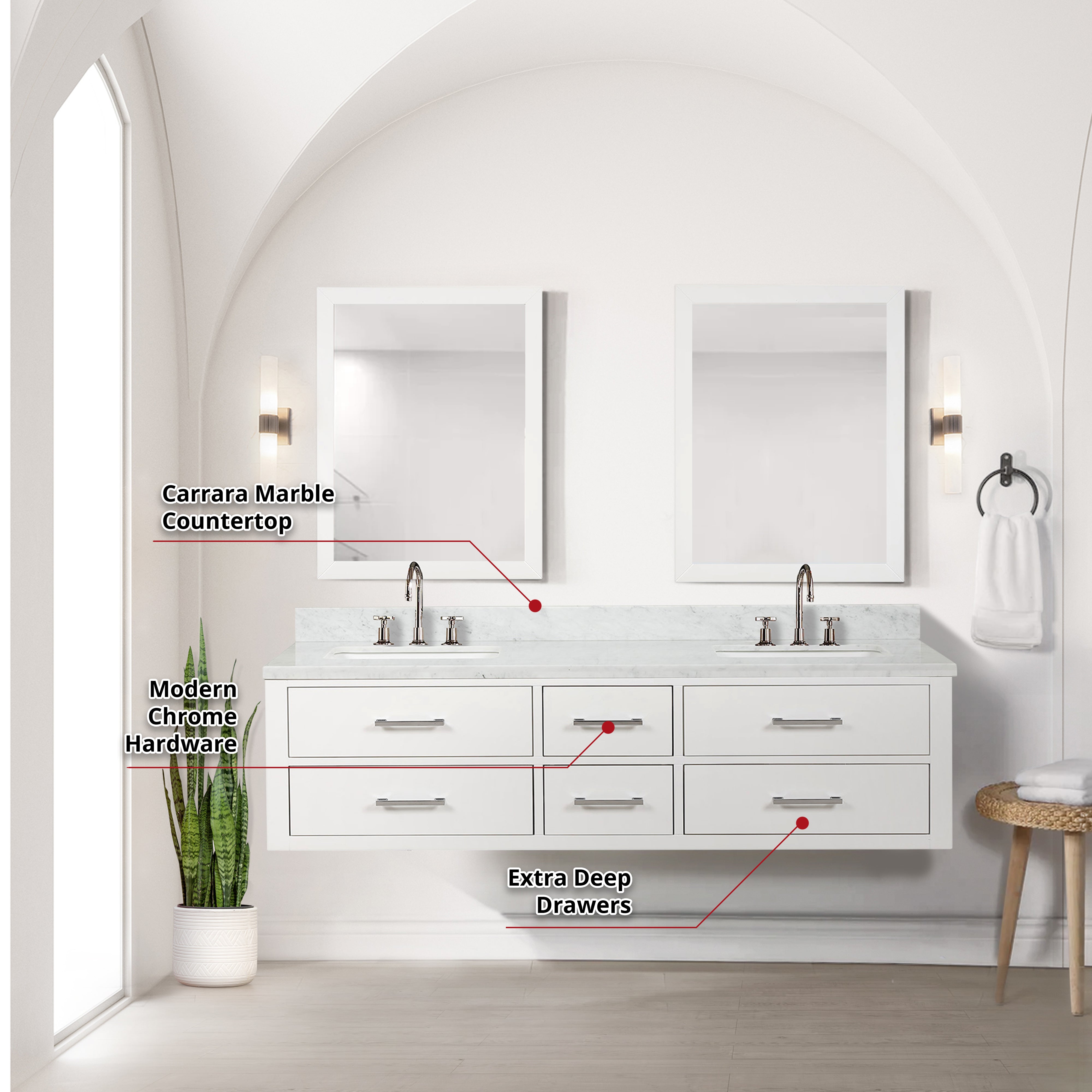 Castor 72 in W x 22 in D White Double Bath Vanity