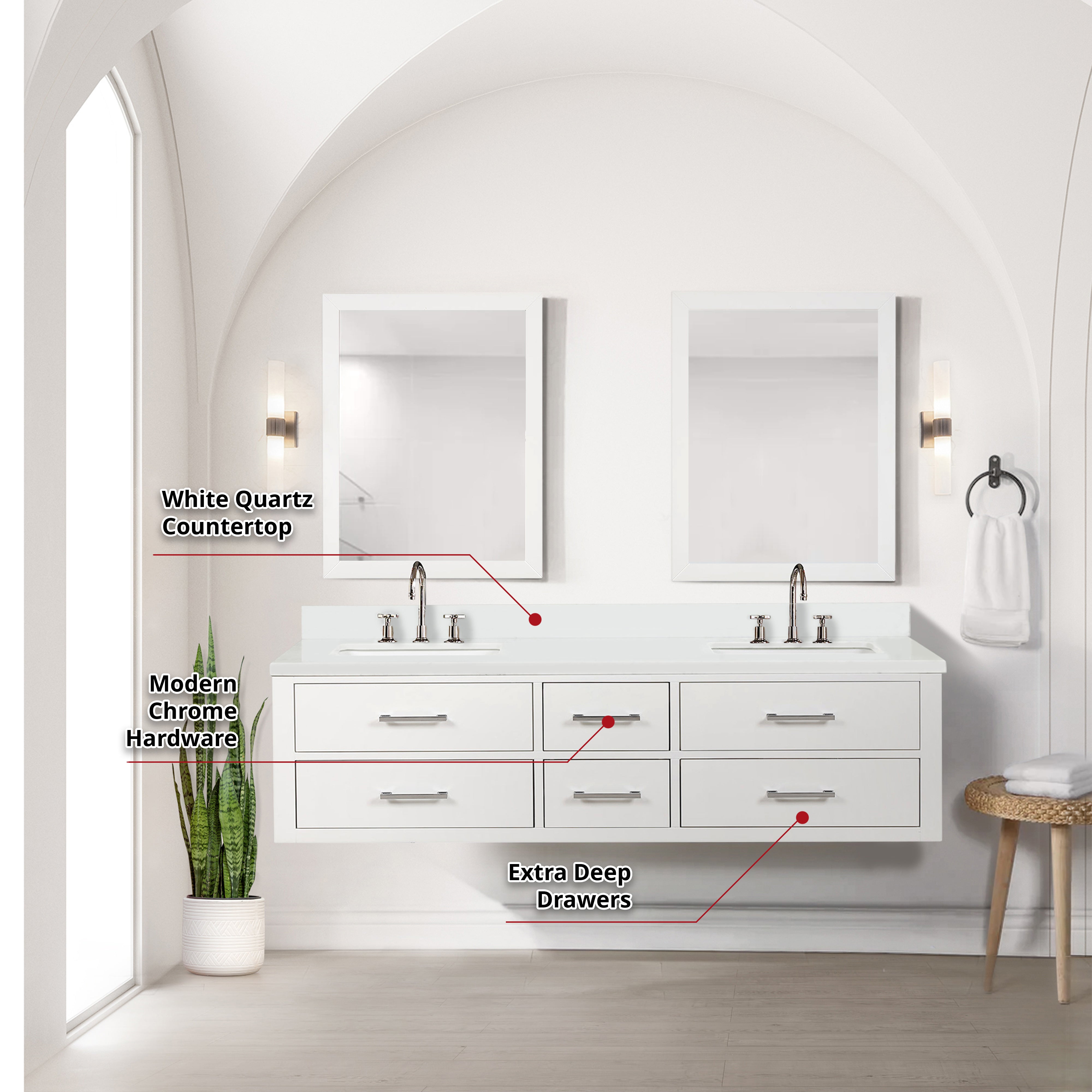 Castor 72 in W x 22 in D White Double Bath Vanity