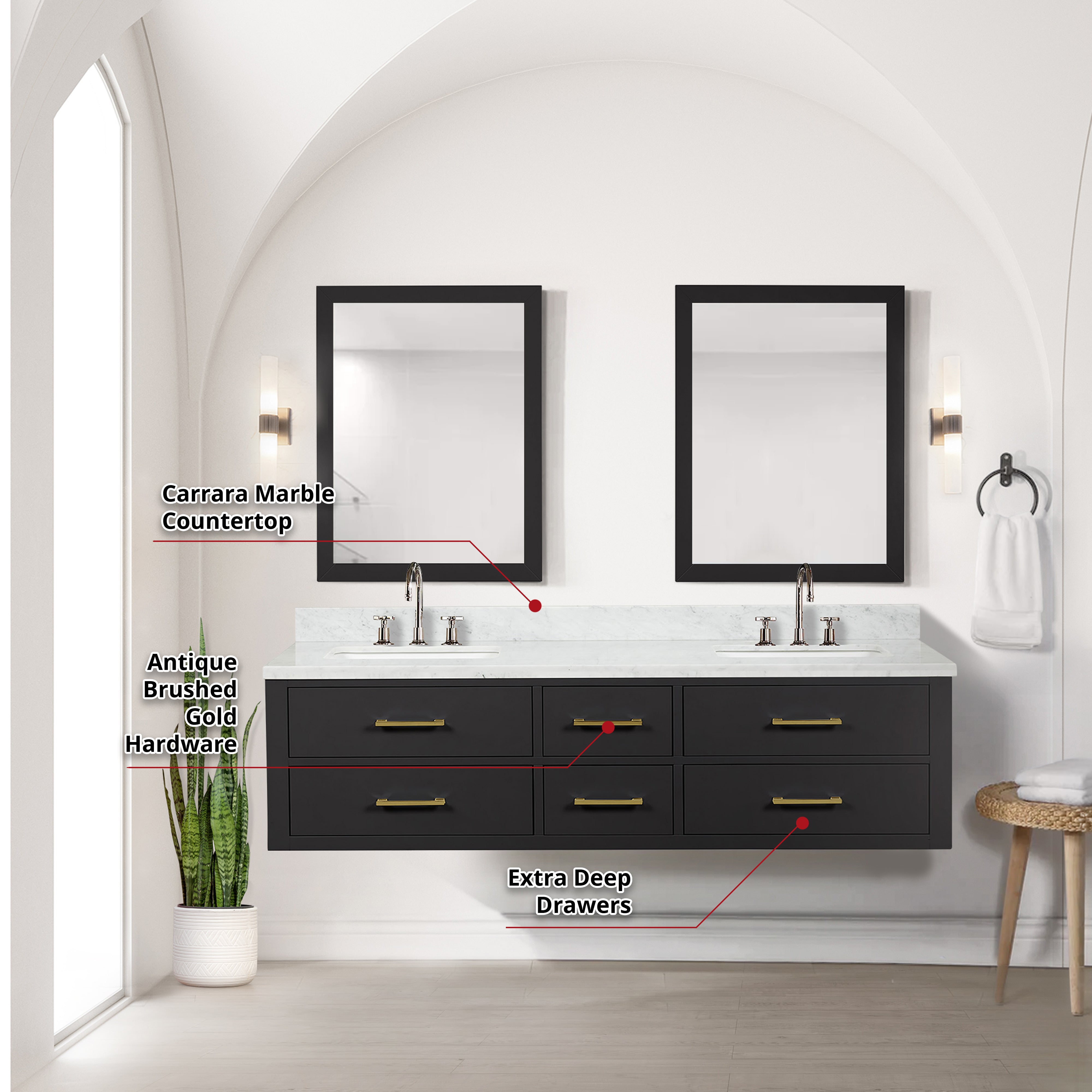 Castor 72 in W x 22 in D Black Double Bath Vanity