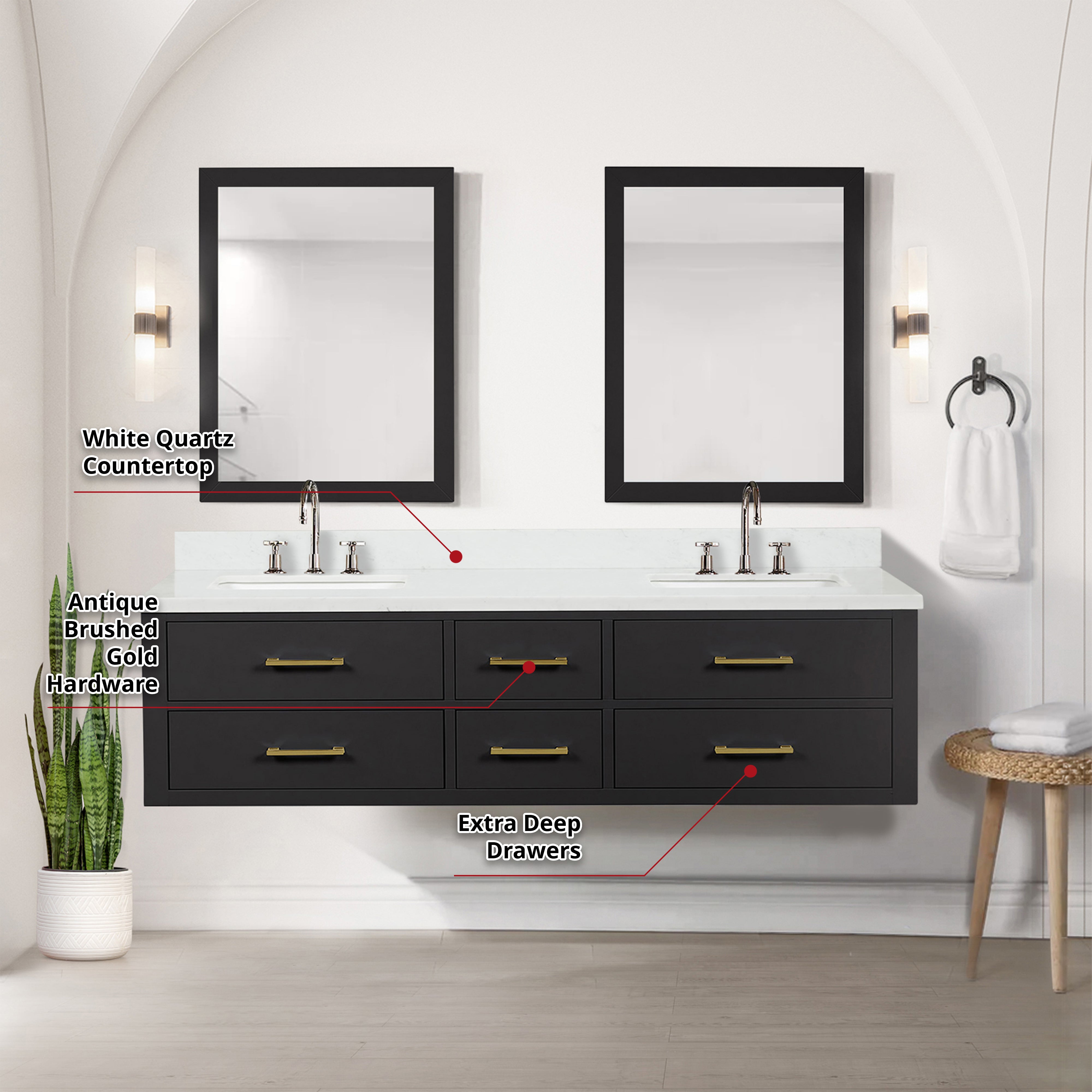 Castor 72 in W x 22 in D Black Double Bath Vanity