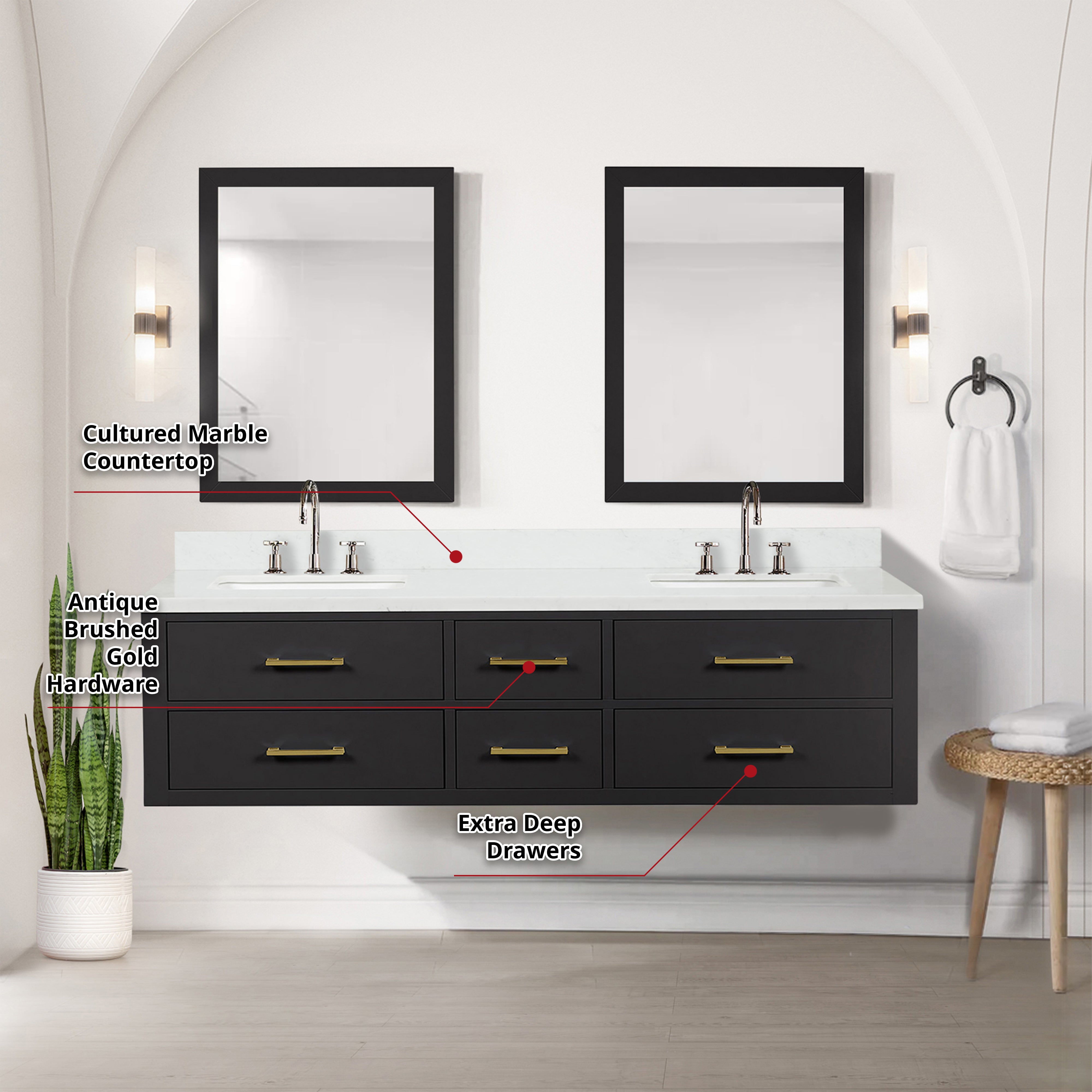 Castor 72 in W x 22 in D Black Double Bath Vanity
