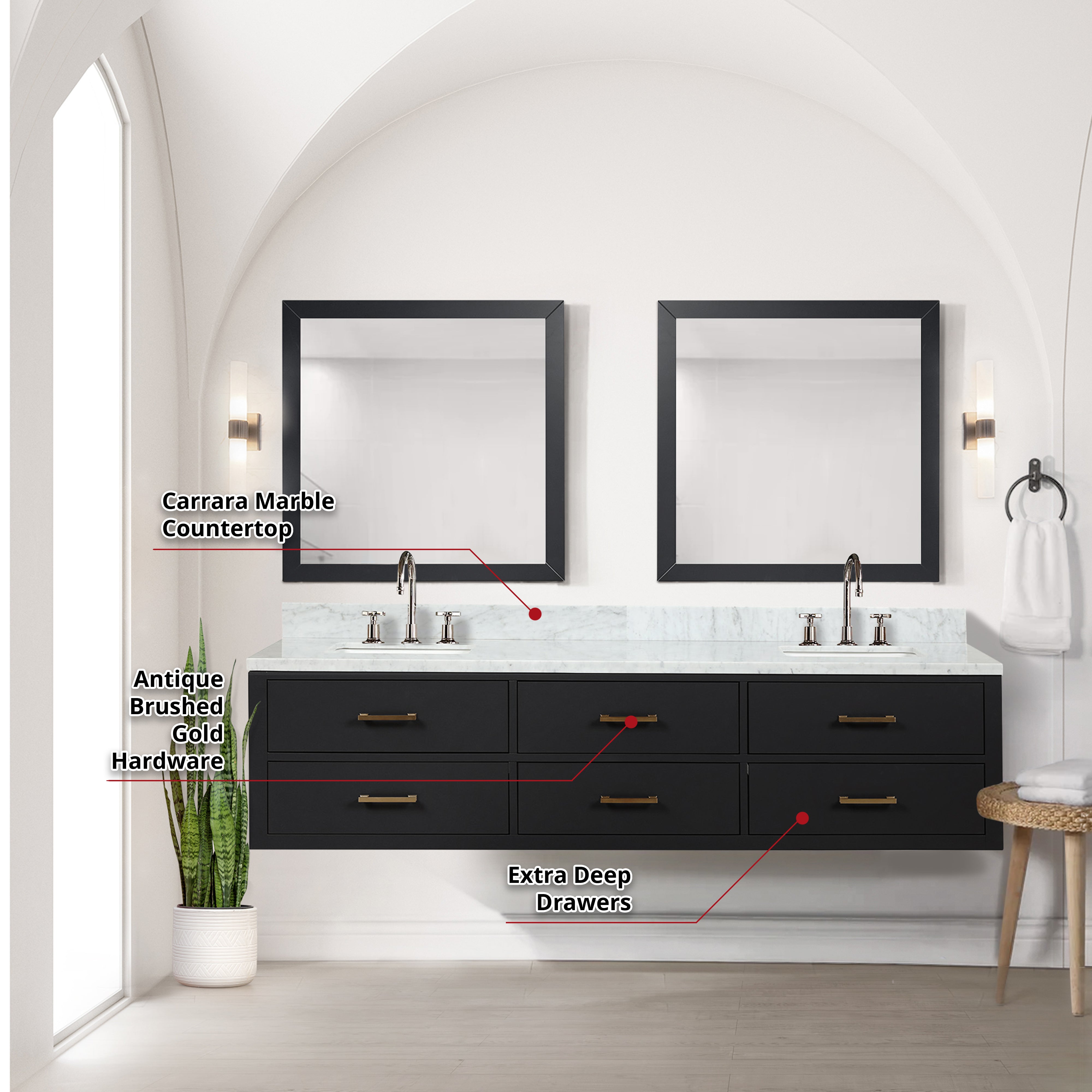 Castor 80 in W x 22 in D Black Double Bath Vanity