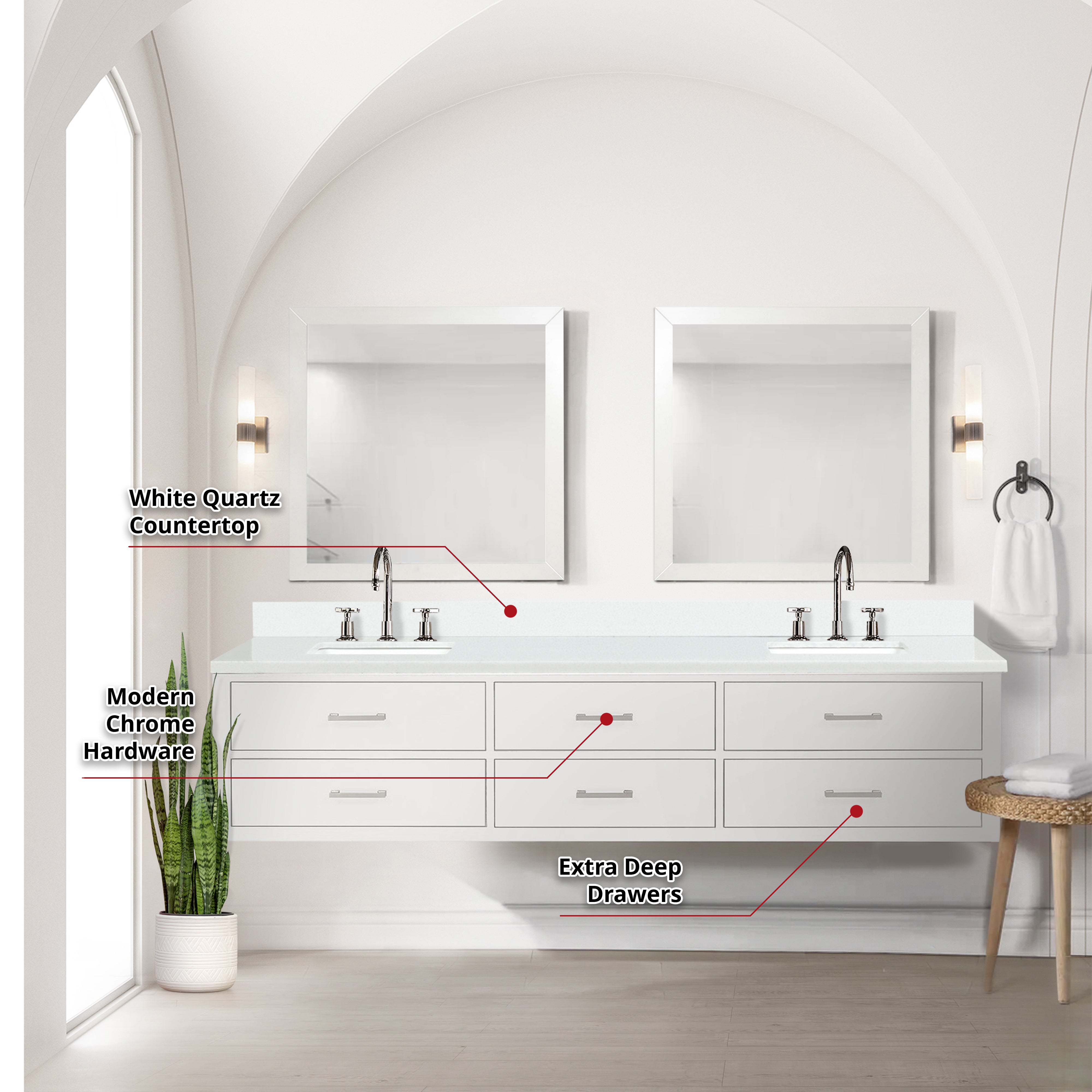 Castor 84 in W x 22 in D White Double Bath Vanity