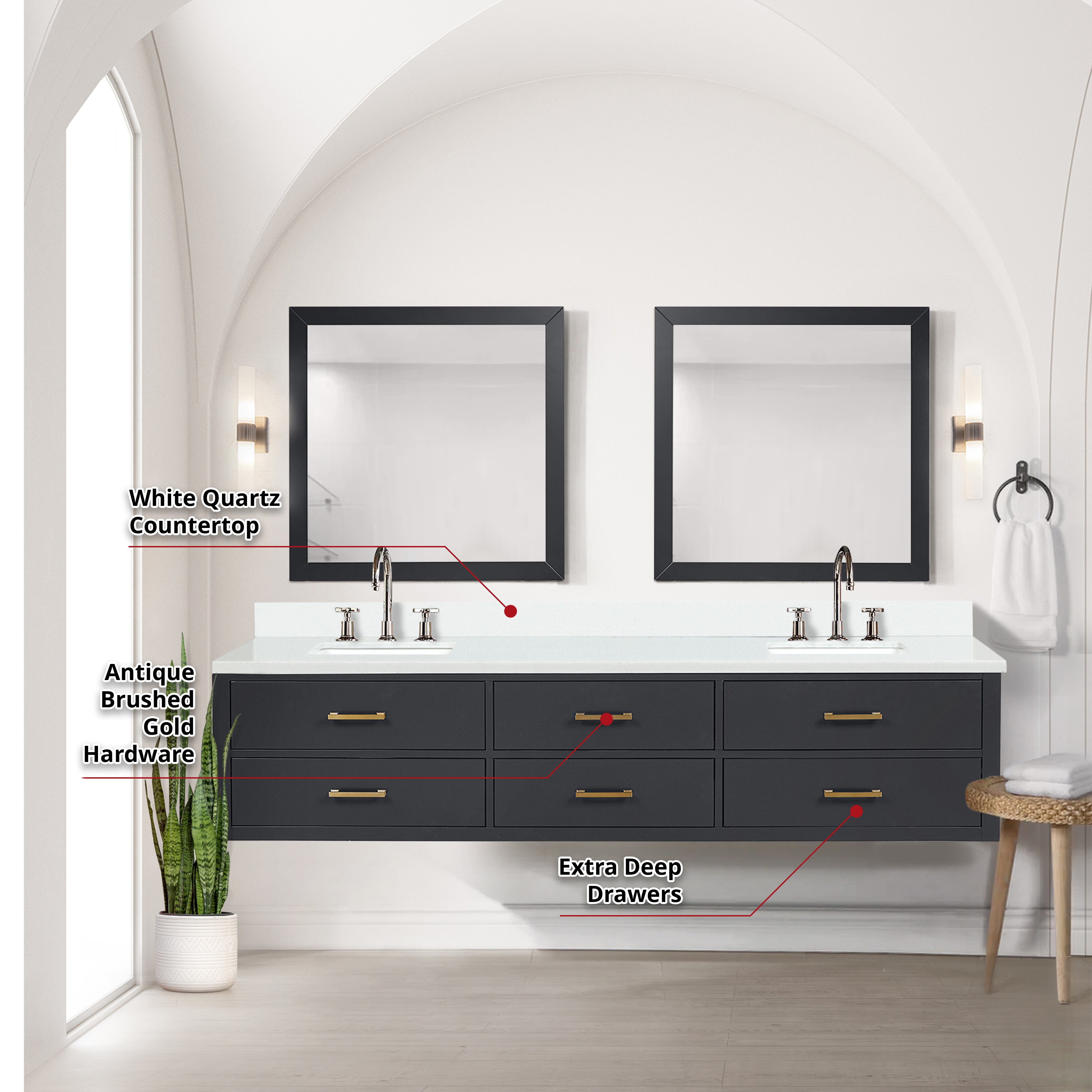 Castor 84 in W x 22 in D Black Double Bath Vanity