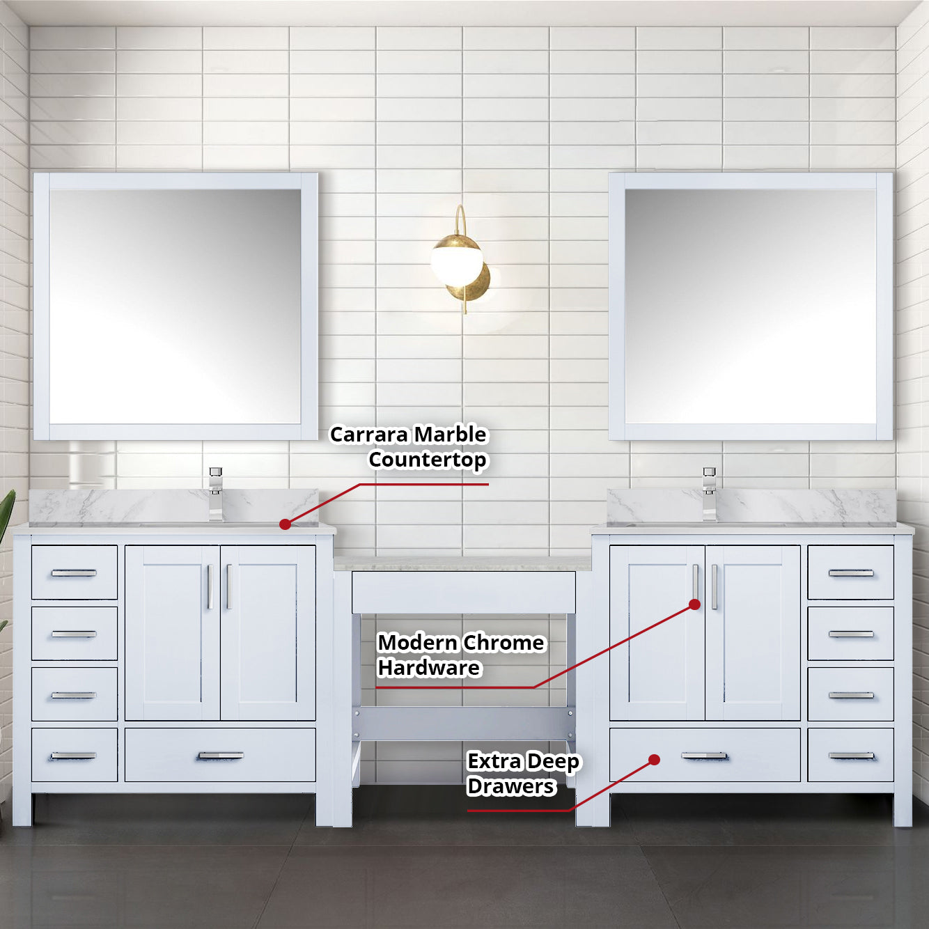 Coraline 102 in W x 22 in D White Double Bath Vanity