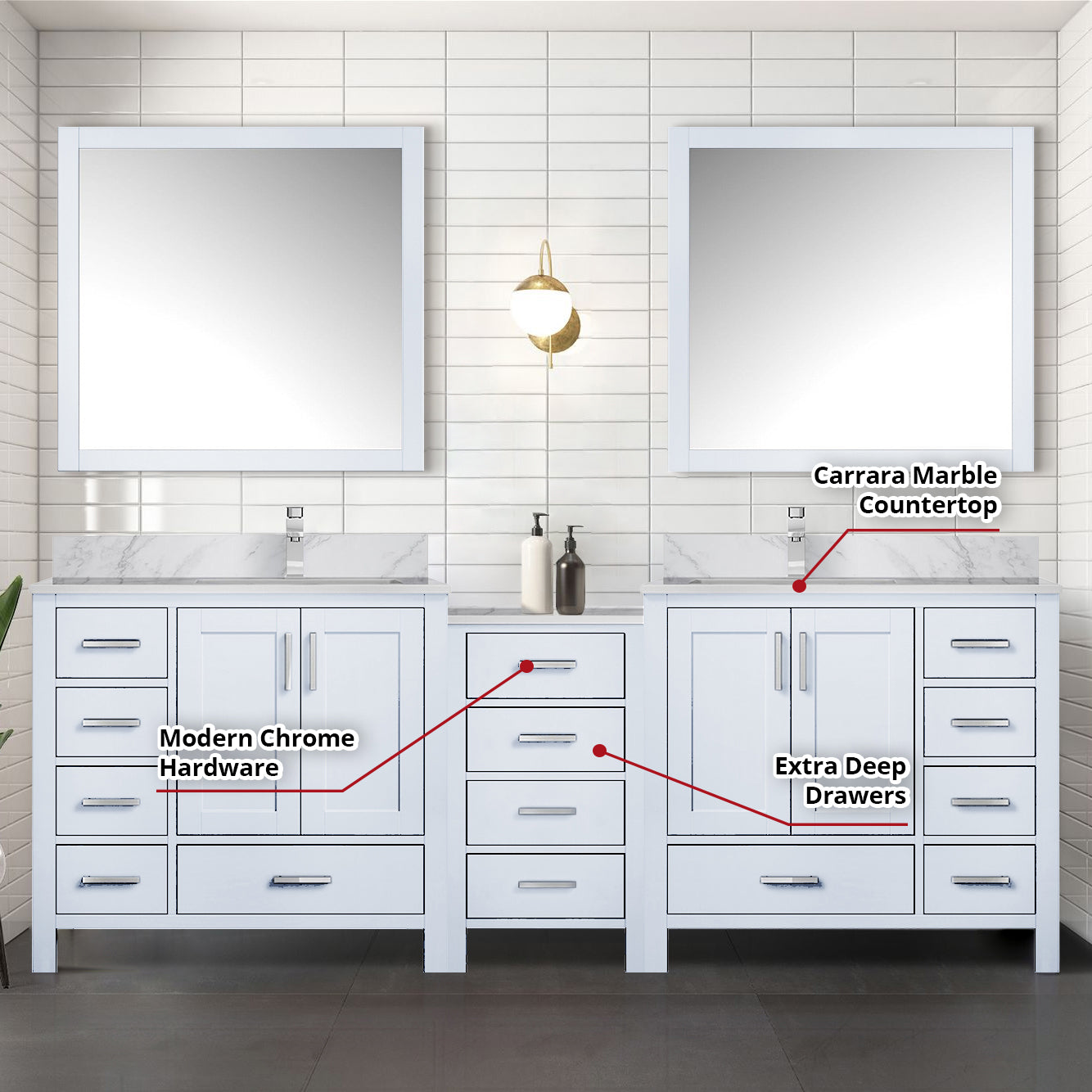 Coraline 92 in W x 22 in D White Double Bath Vanity