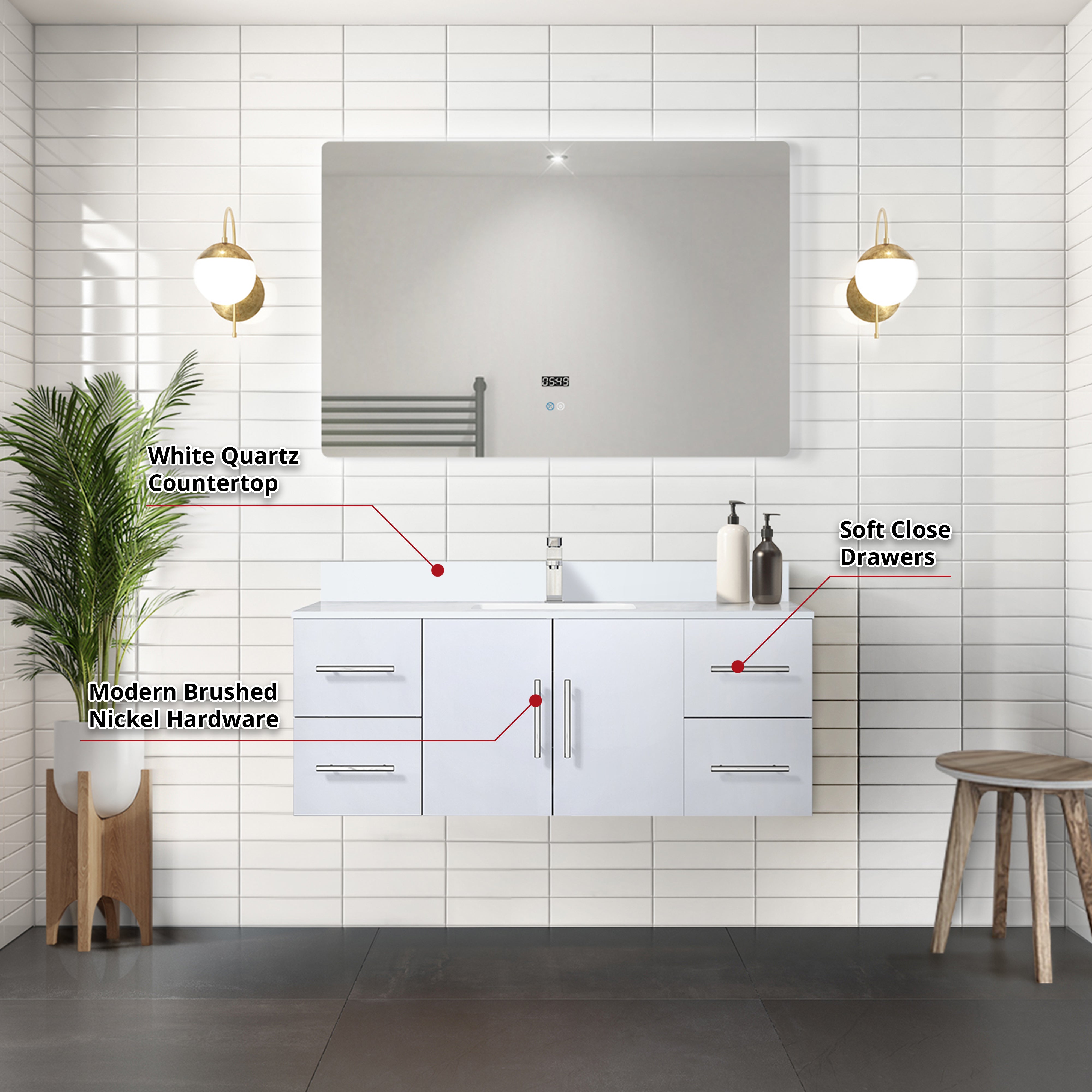 Geneva 48 in. W x 22 in. D Glossy White Bath Vanity