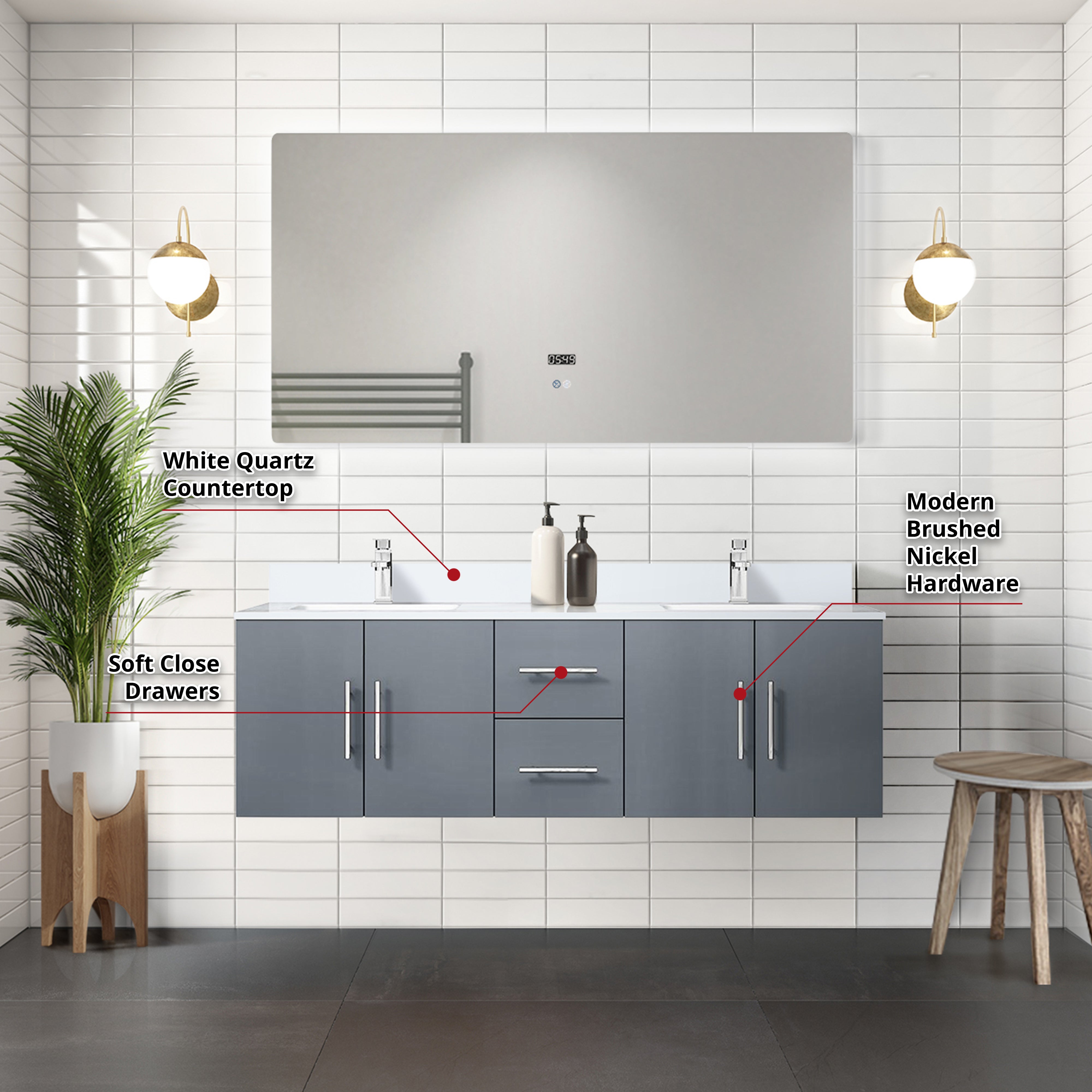 Geneva 60 in. W x 22 in. D Dark Grey Double Bath Vanity