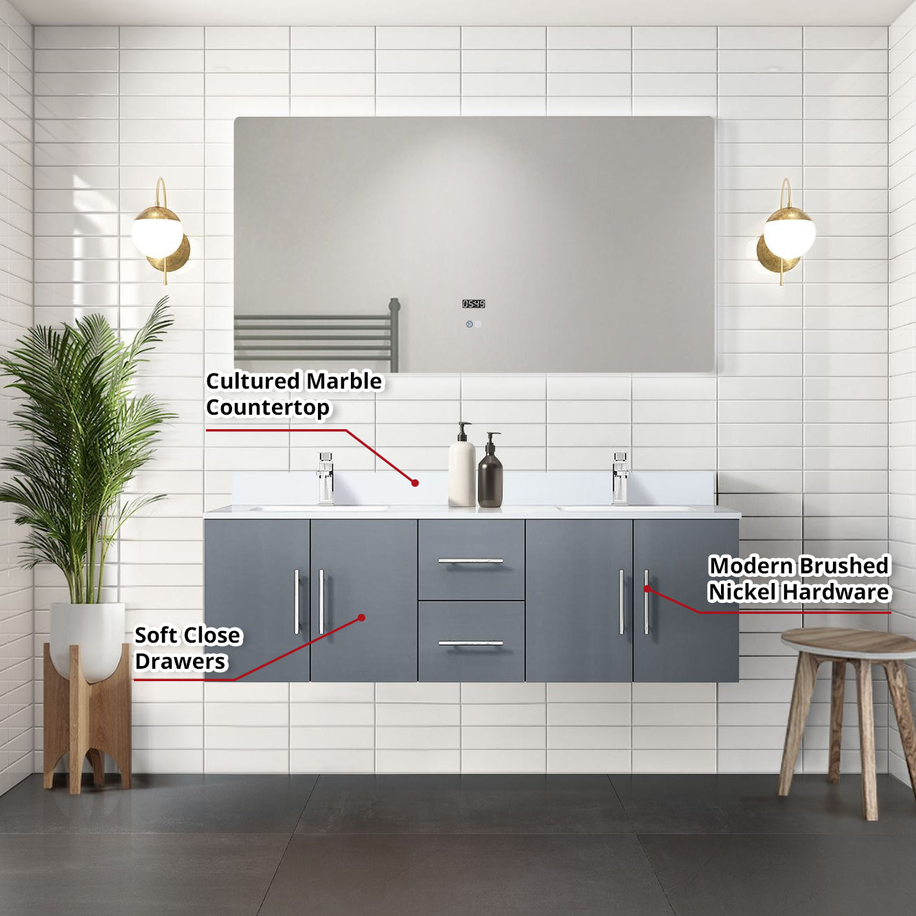 Geneva 60 in. W x 22 in. D Dark Grey Double Bath Vanity
