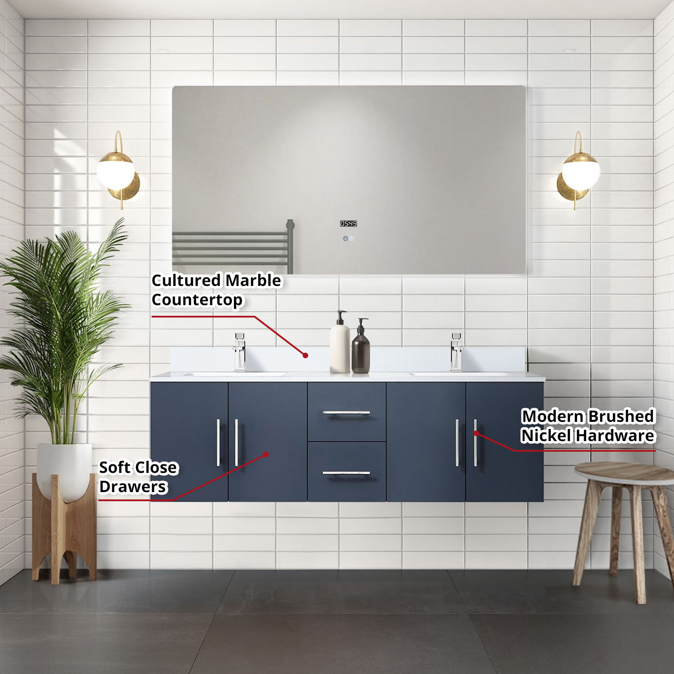Geneva 60 in. W x 22 in. D Navy Blue Double Bath Vanity