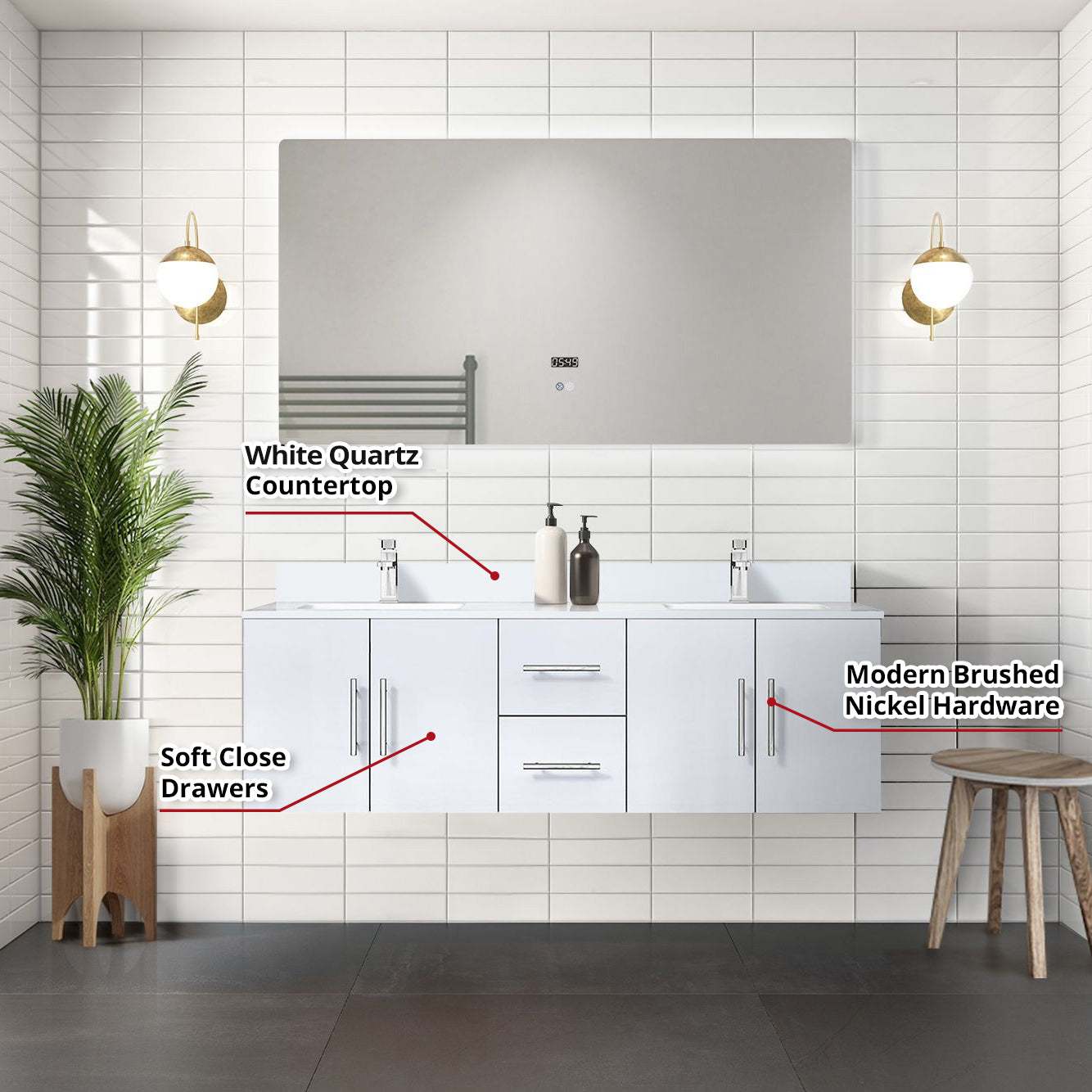 Geneva 60 in. W x 22 in. D Glossy White Double Bath Vanity