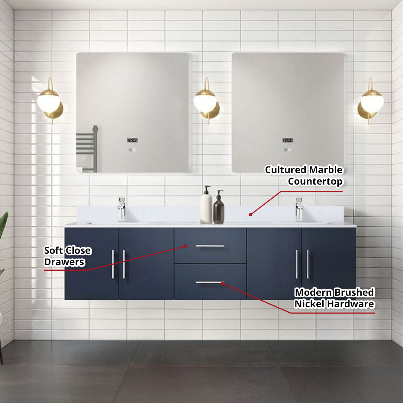 Geneva 72 in. W x 22 in. D Navy Blue Double Bath Vanity