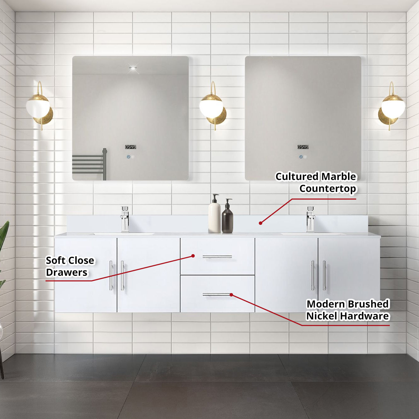 Geneva 80 in. W x 22 in. D Glossy White Double Bath Vanity