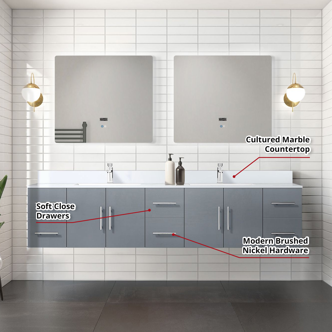 Geneva 84 in. W x 22 in. D Dark Grey Double Bath Vanity