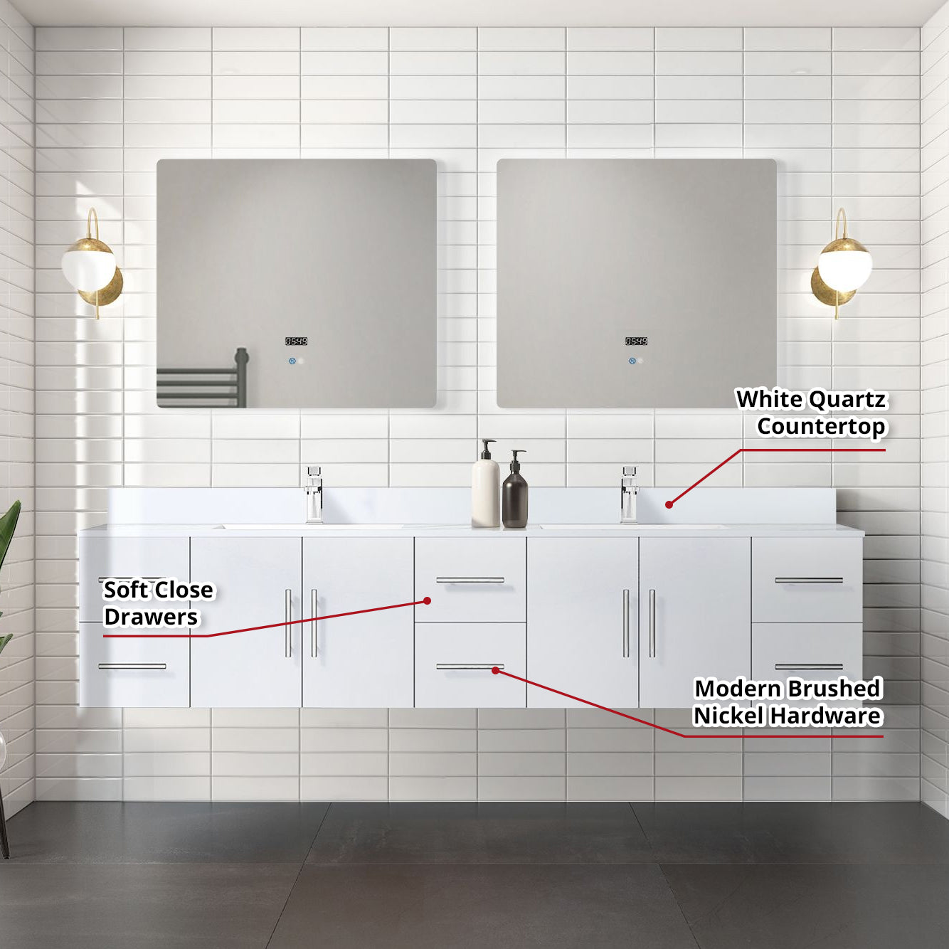 Geneva 84 in. W x 22 in. D Glossy White Double Bath Vanity