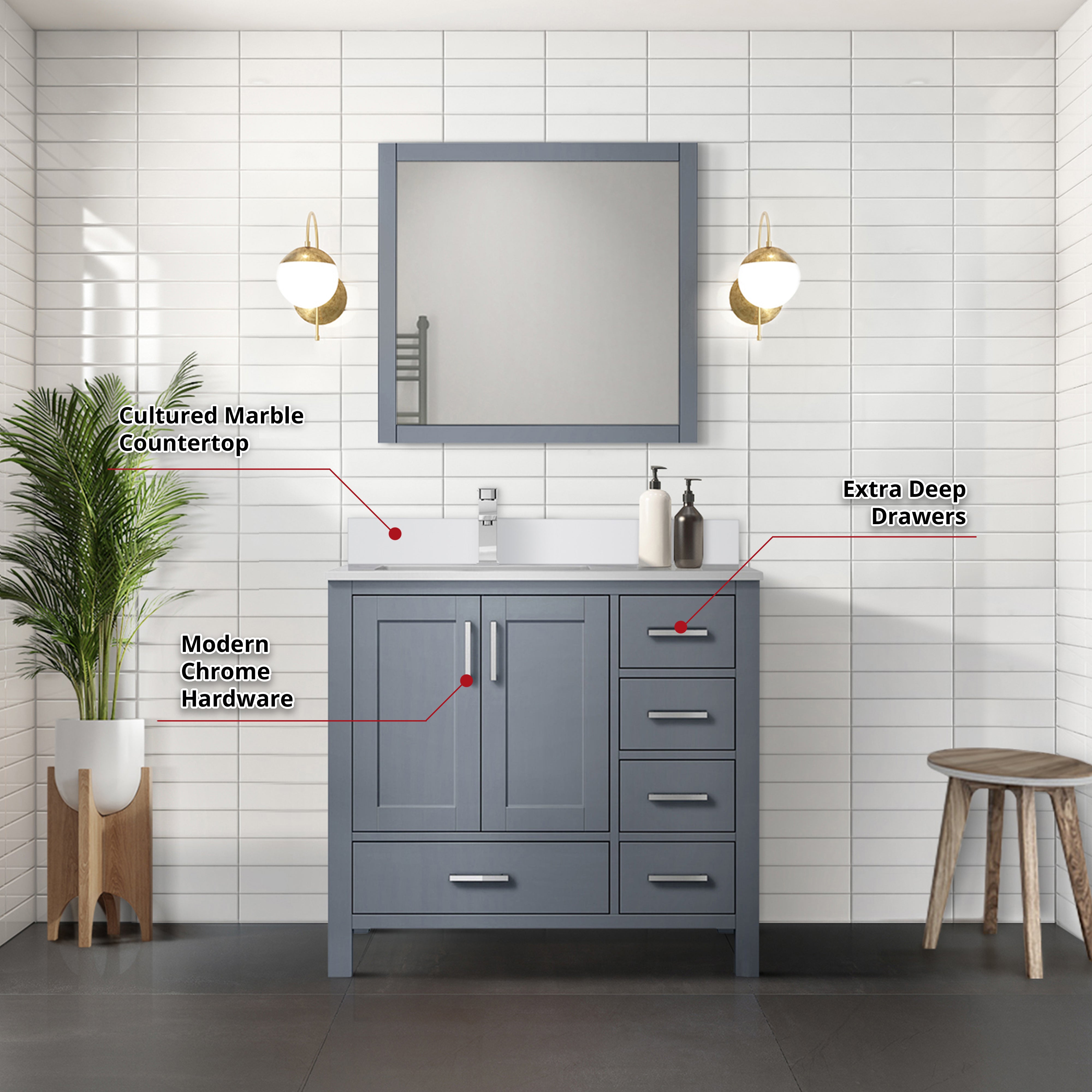 Lexora Jacques 36" Dark Grey Left-Offset Bathroom Vanity | Solid Wood
