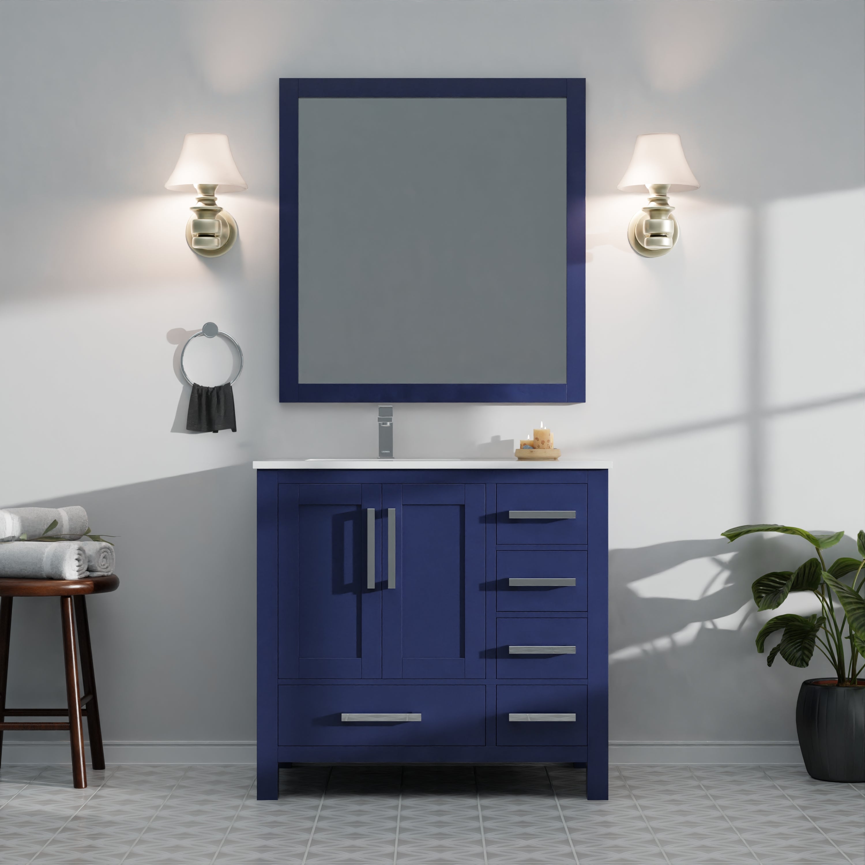 Lexora Jacques 36" Navy Blue Left-Offset Bathroom Vanity
