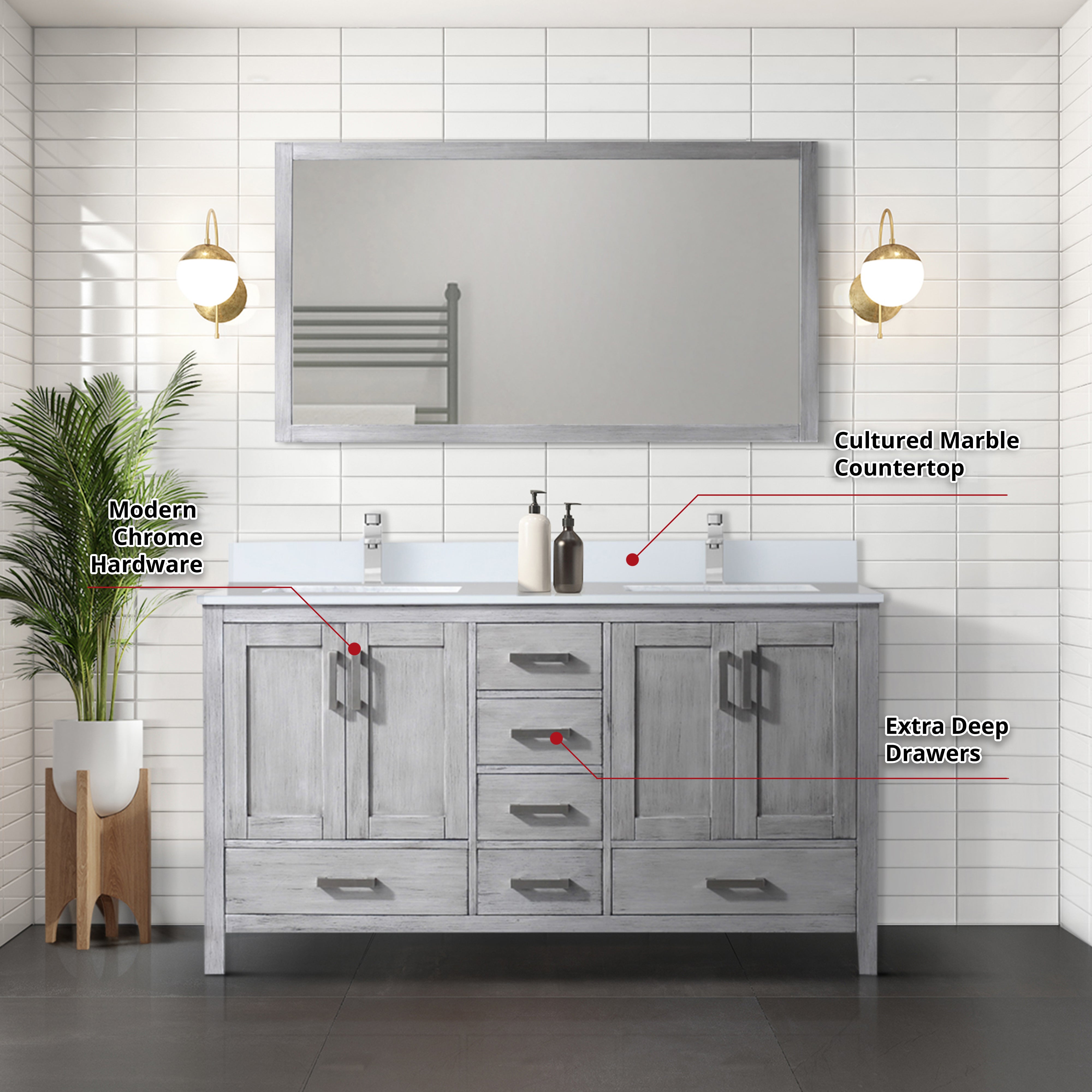 Jacques 60 in. W x 22 in. D Distressed Grey Bath Vanity
