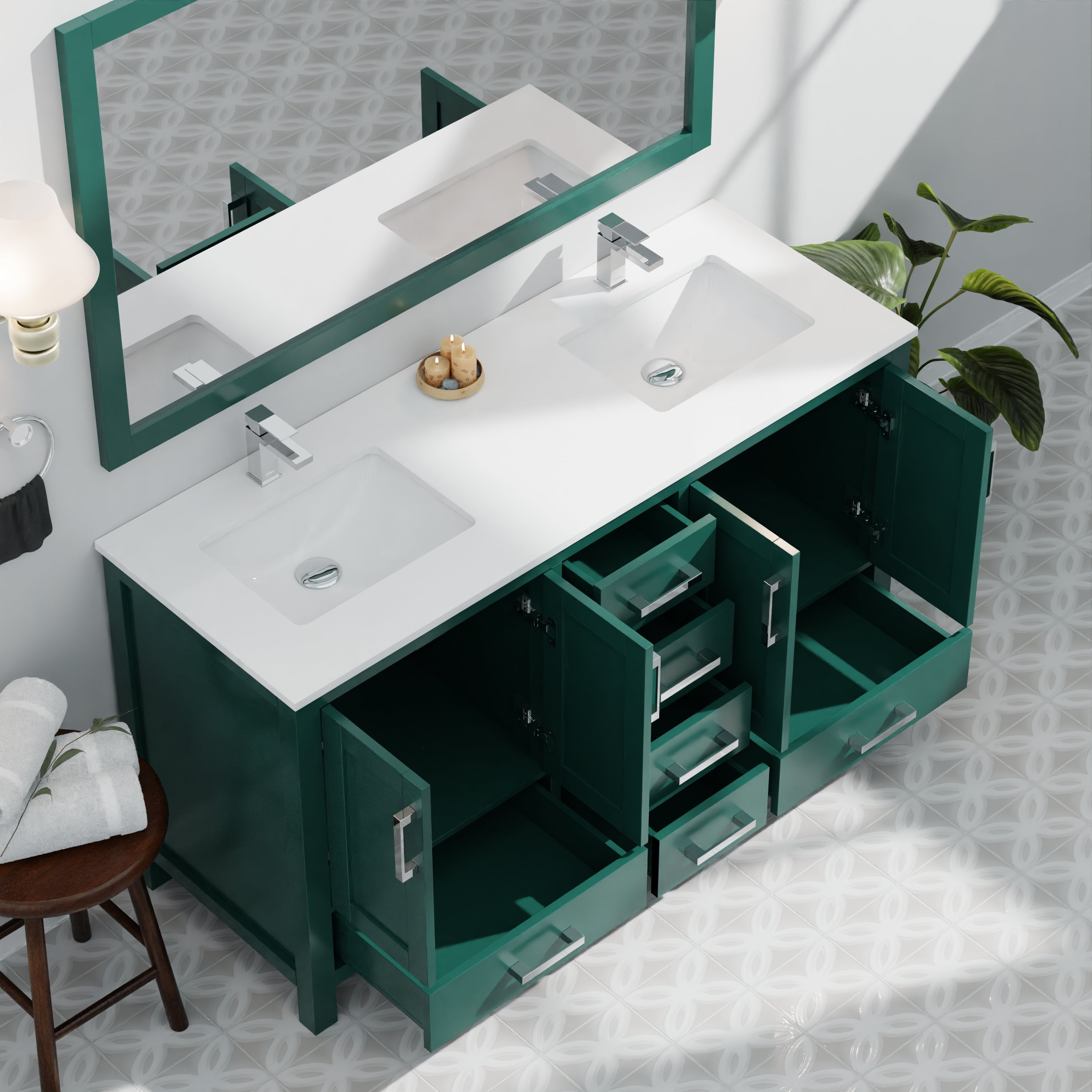Jacques 60 in. W x 22 in. D Green Bath Vanity and Cultured Marble Top