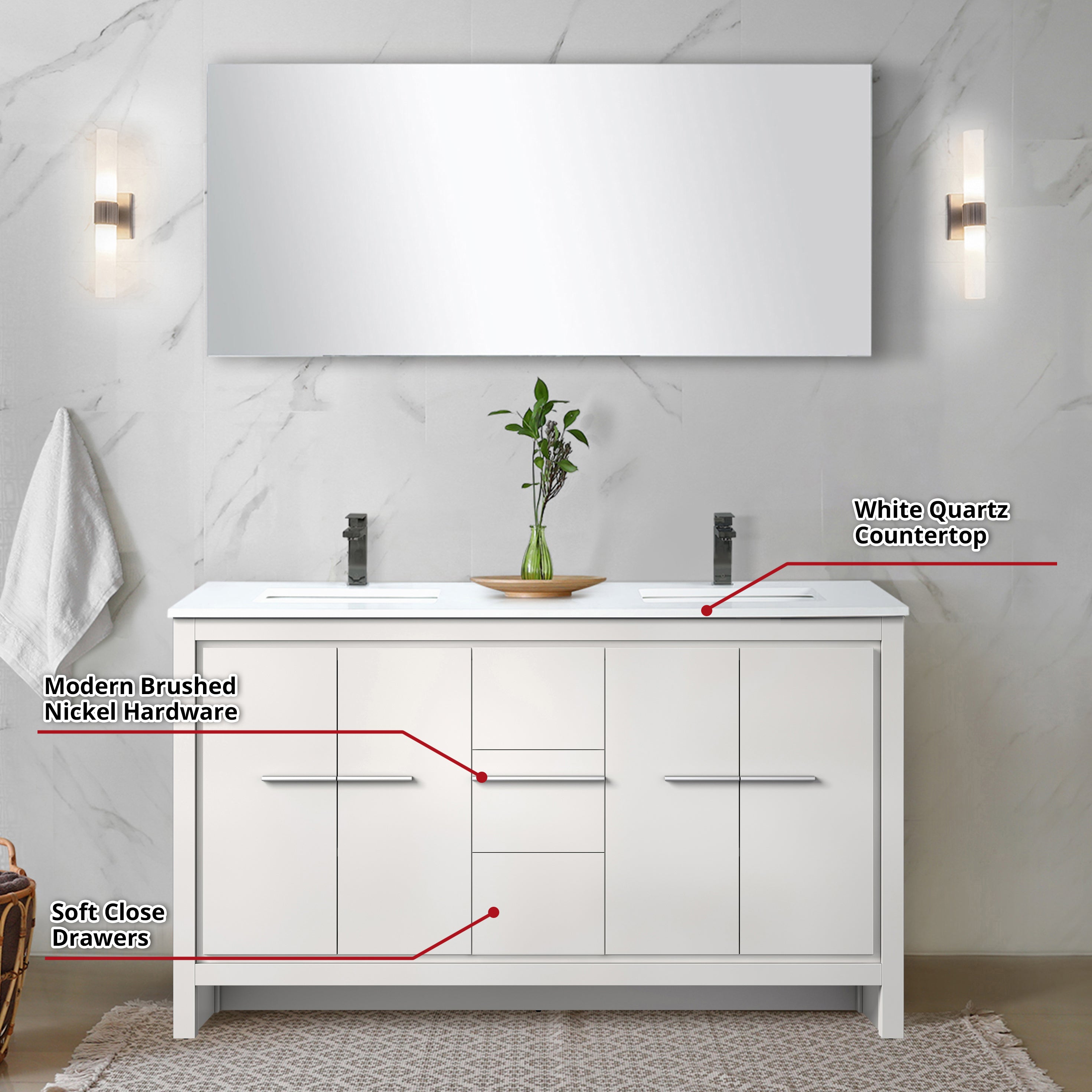 Lafarre 60 in W x 20 in D White Double Bath Vanity