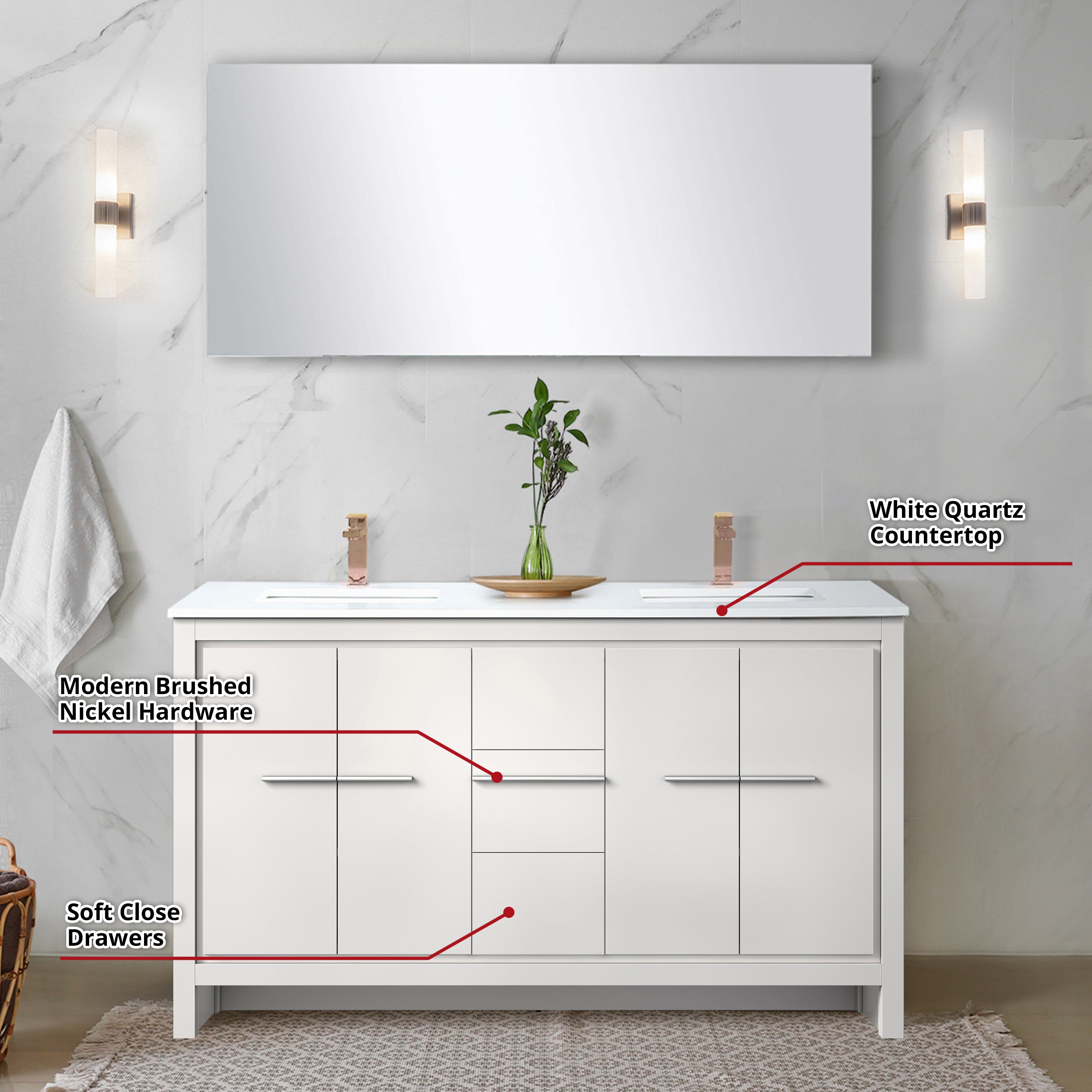 Lafarre 60 in W x 20 in D White Double Bath Vanity