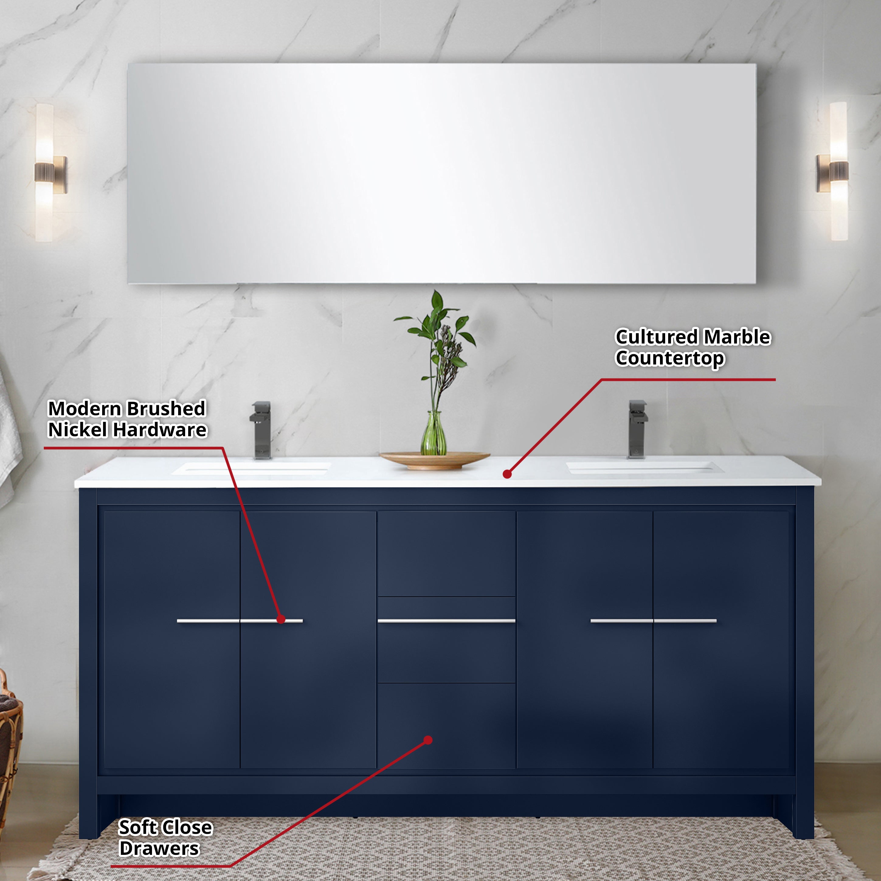 Lafarre 72 in W x 20 in D Navy Blue Double Bath Vanity
