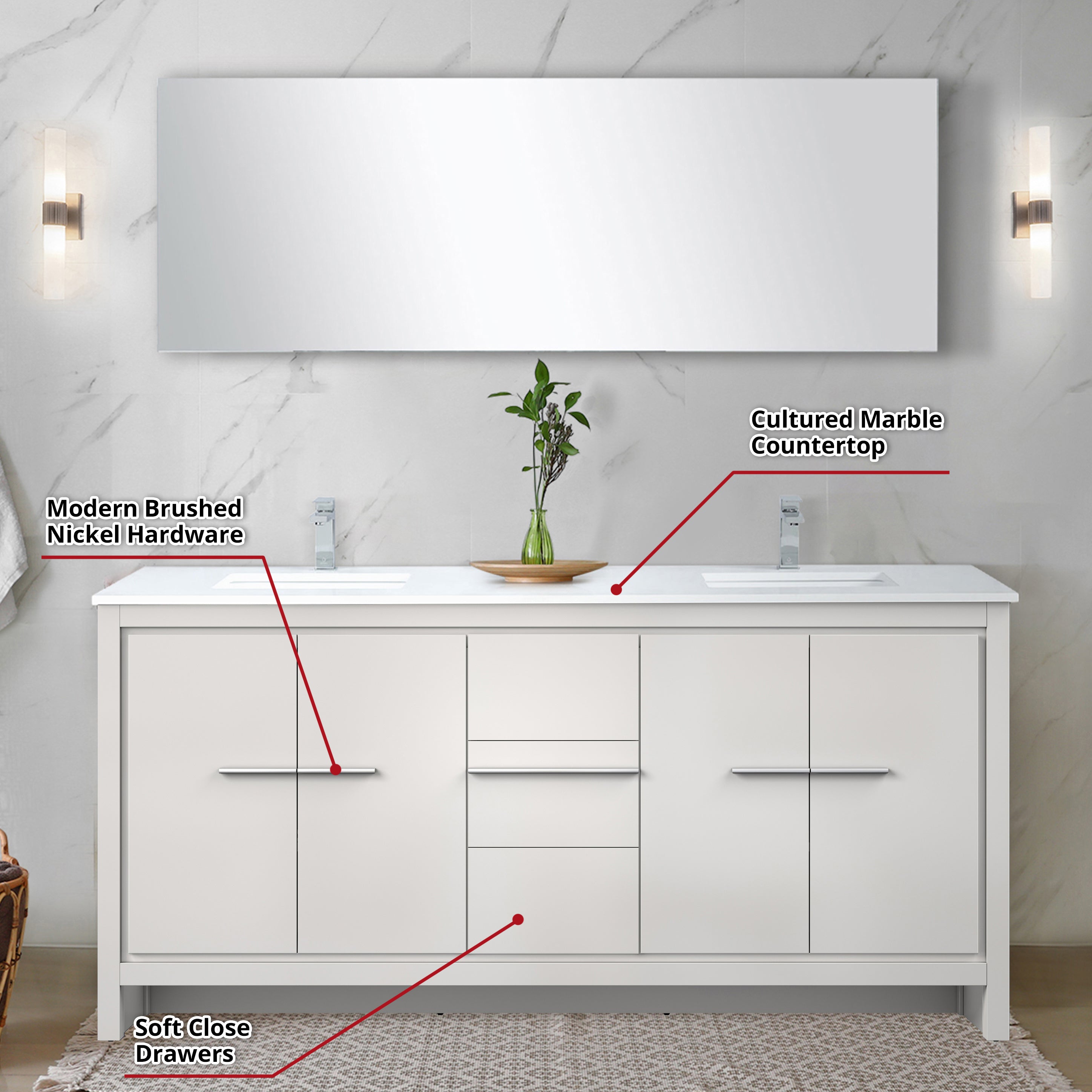 Lafarre 72 in W x 20 in D White Double Bath Vanity