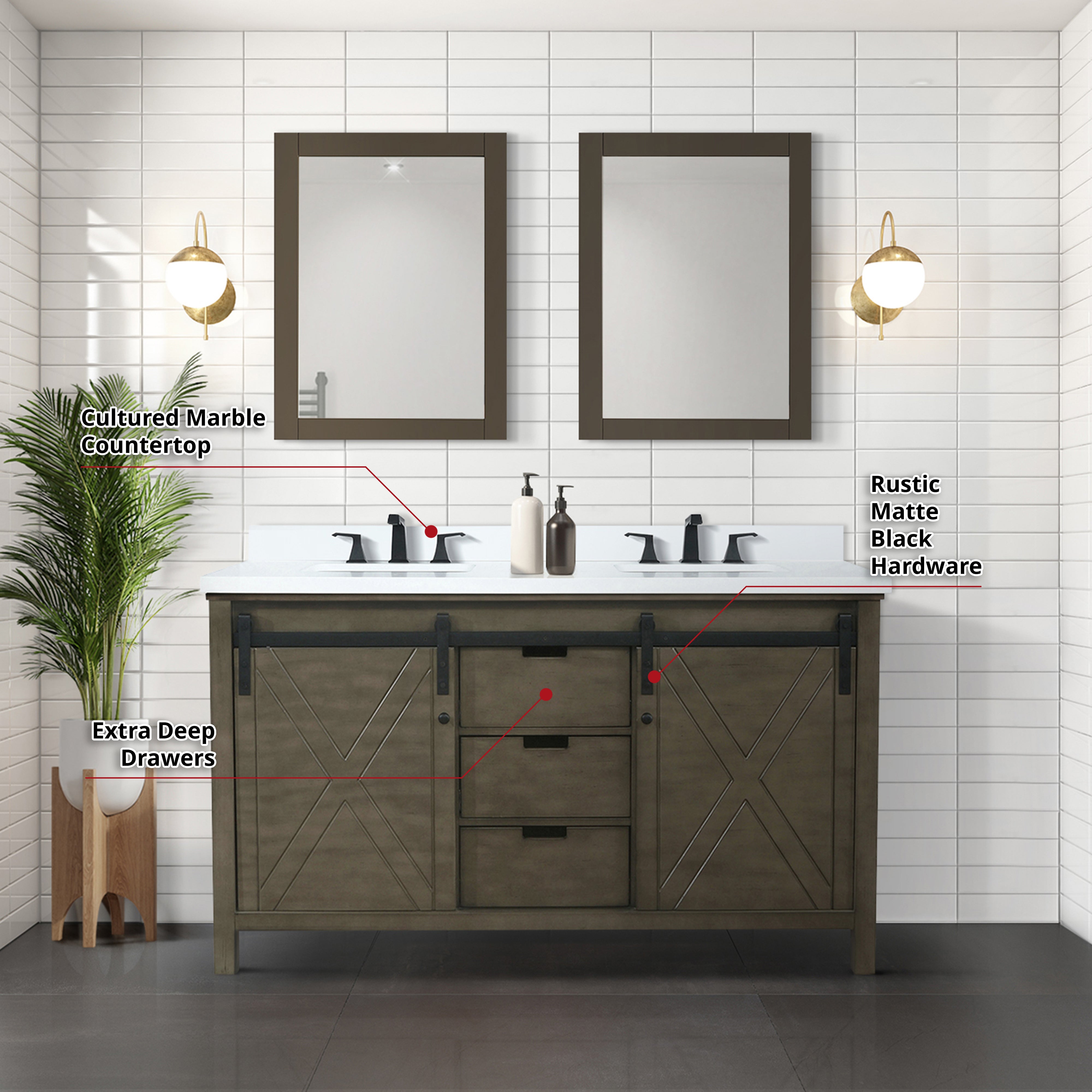 Marsyas 60 in W x 22 in D Rustic Brown Double Bath Vanity