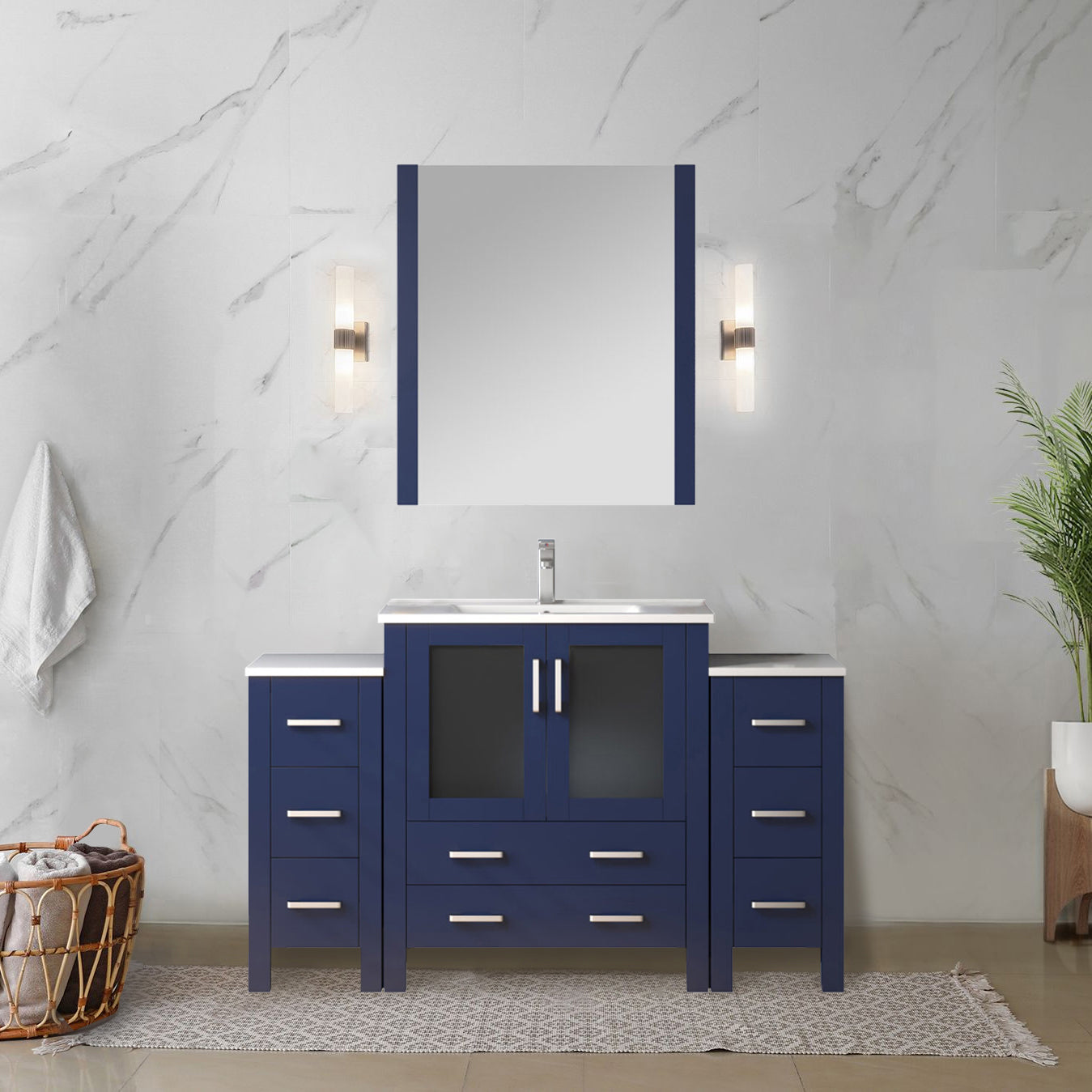 Volez 54 in W x 18.25 in D Navy Blue Single Bath Vanity with Side Cabinets