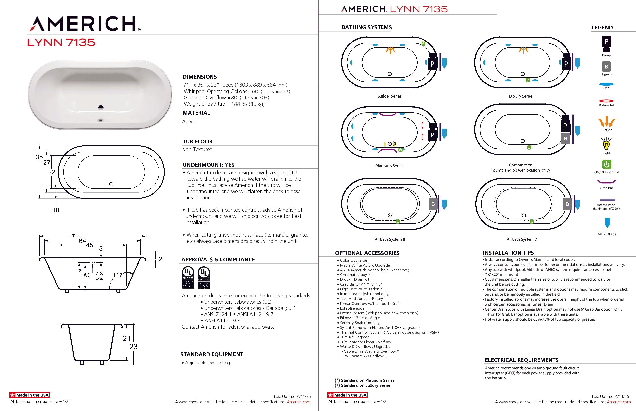 Americh Lynn 7135 - Luxury Series Drop-in Bathtub LY7135L-WH