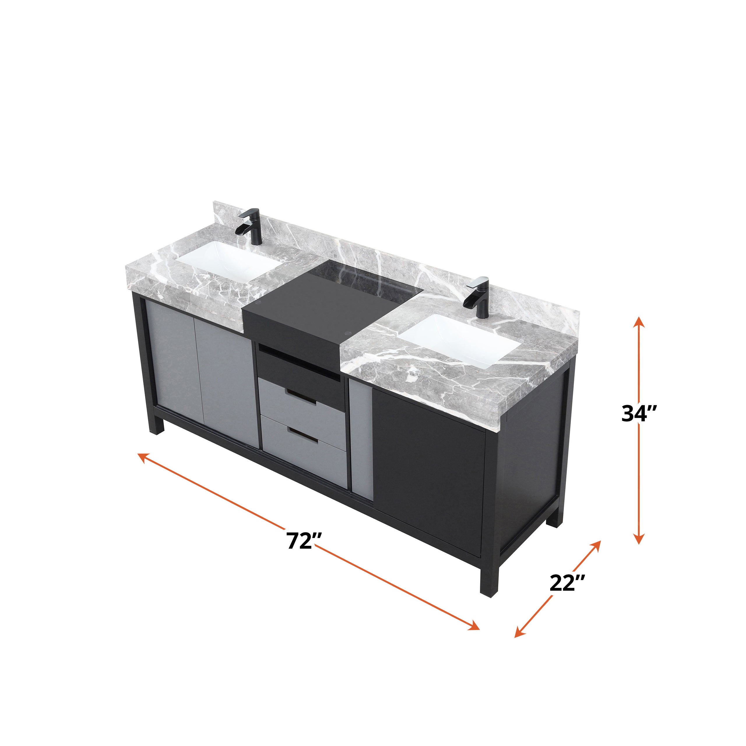 Zilara 72 in W x 22 in D Black and Grey Double Bath Vanity