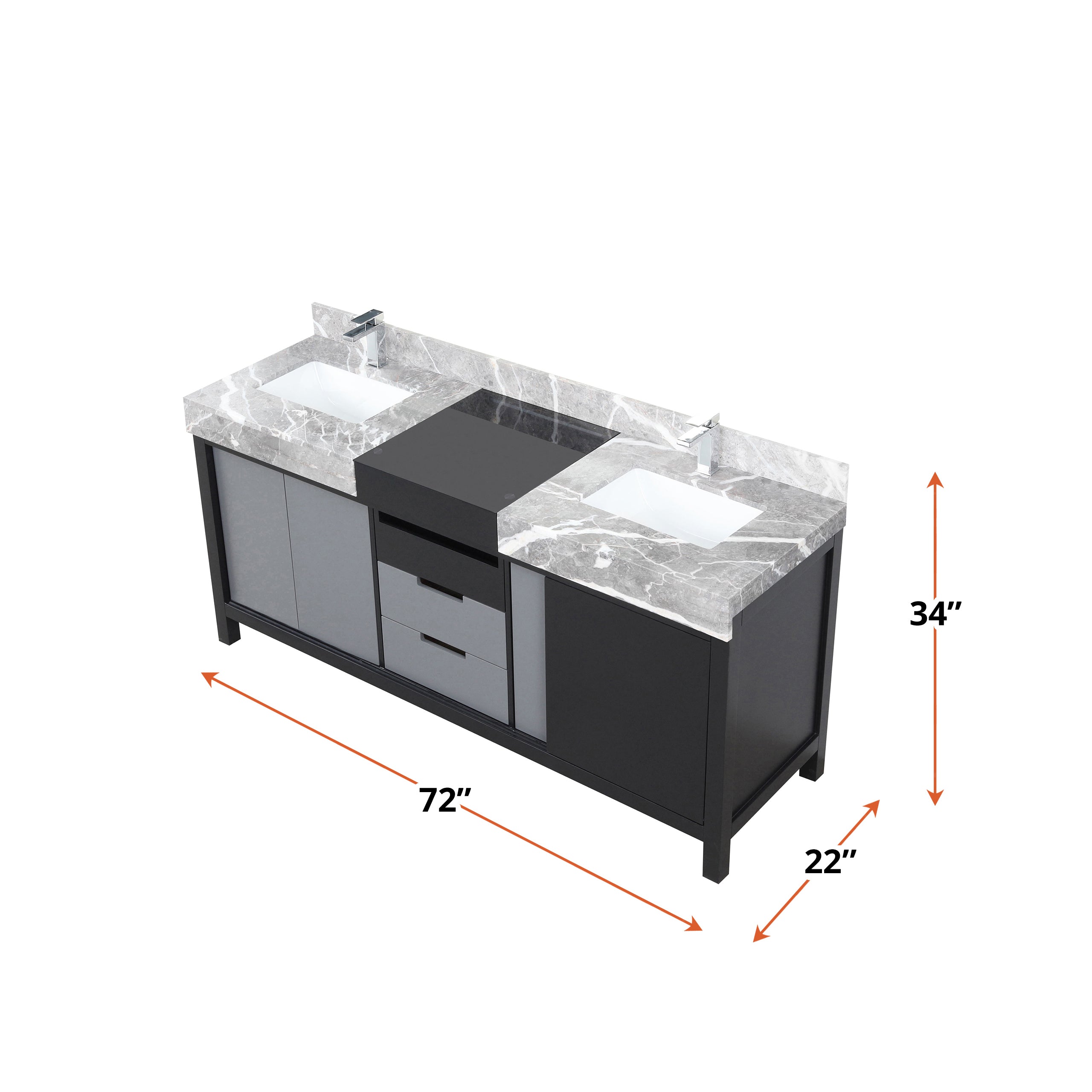 Zilara 72 in W x 22 in D Black and Grey Double Bath Vanity