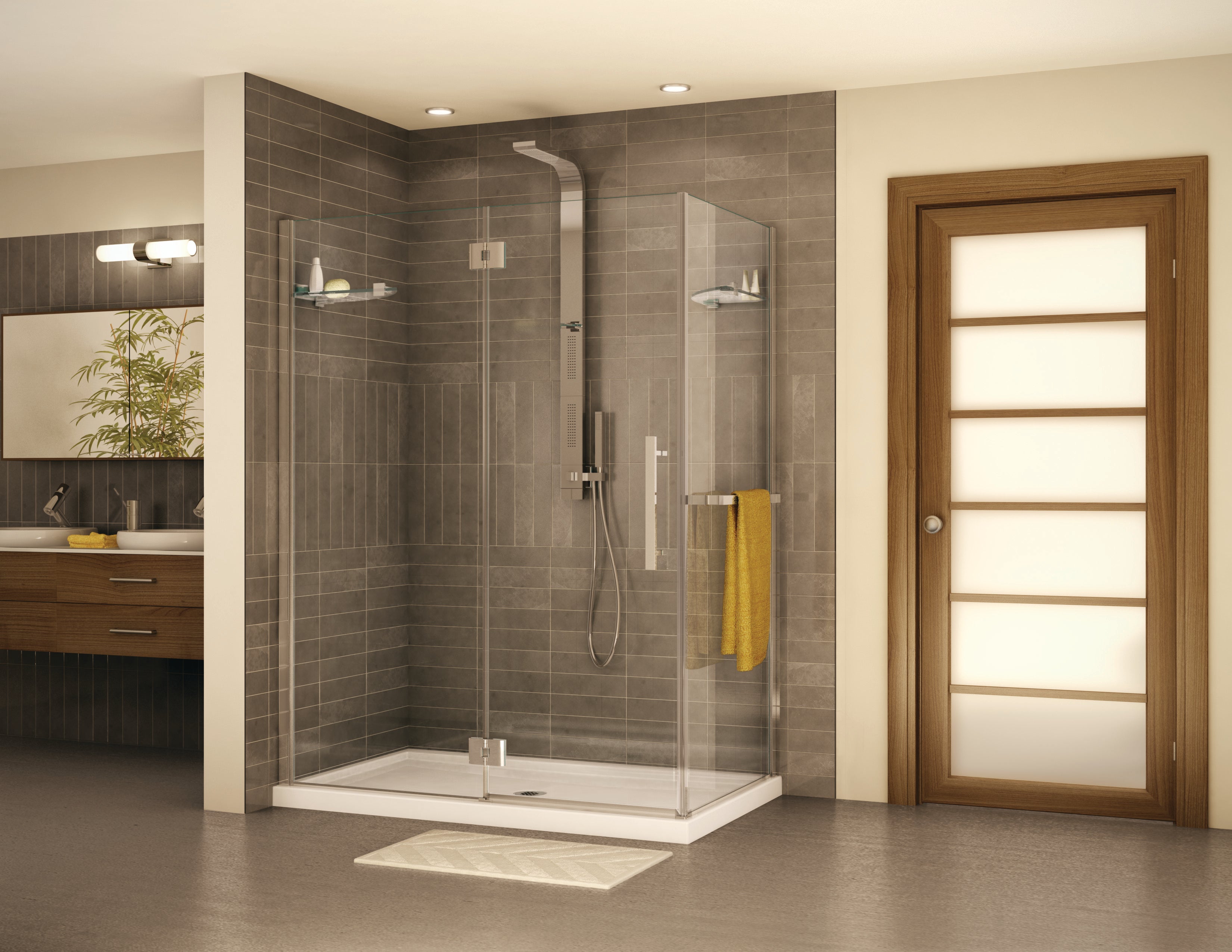 Lexus Right Handed Rectangle Hinge 2 sided Shower Door with Straight Handle & Round Towel Bar - 44"