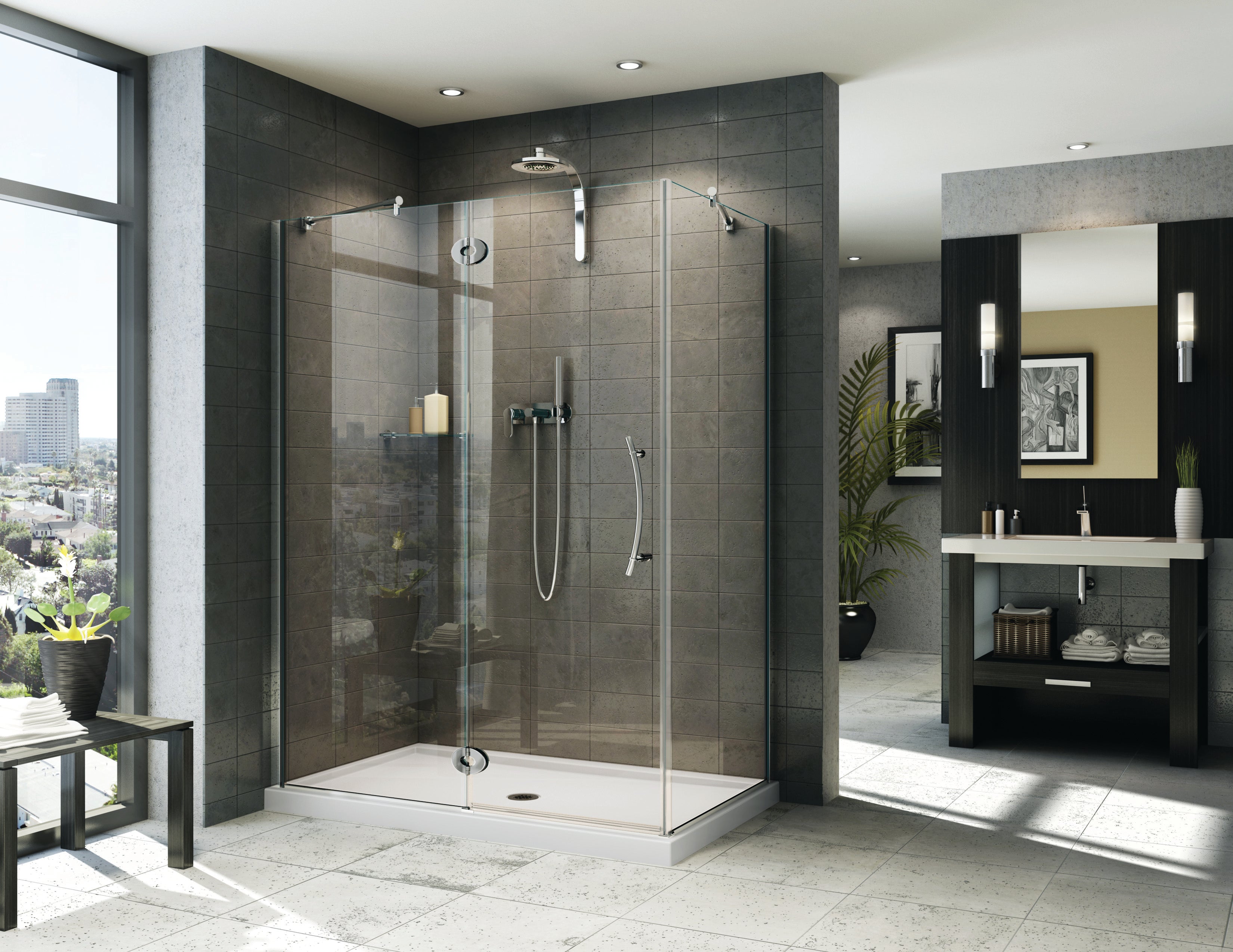 Lexus Right Handed Rectangle Hinge 2 sided Shower Door with Twist Handle & Round Towel Bar - 41"
