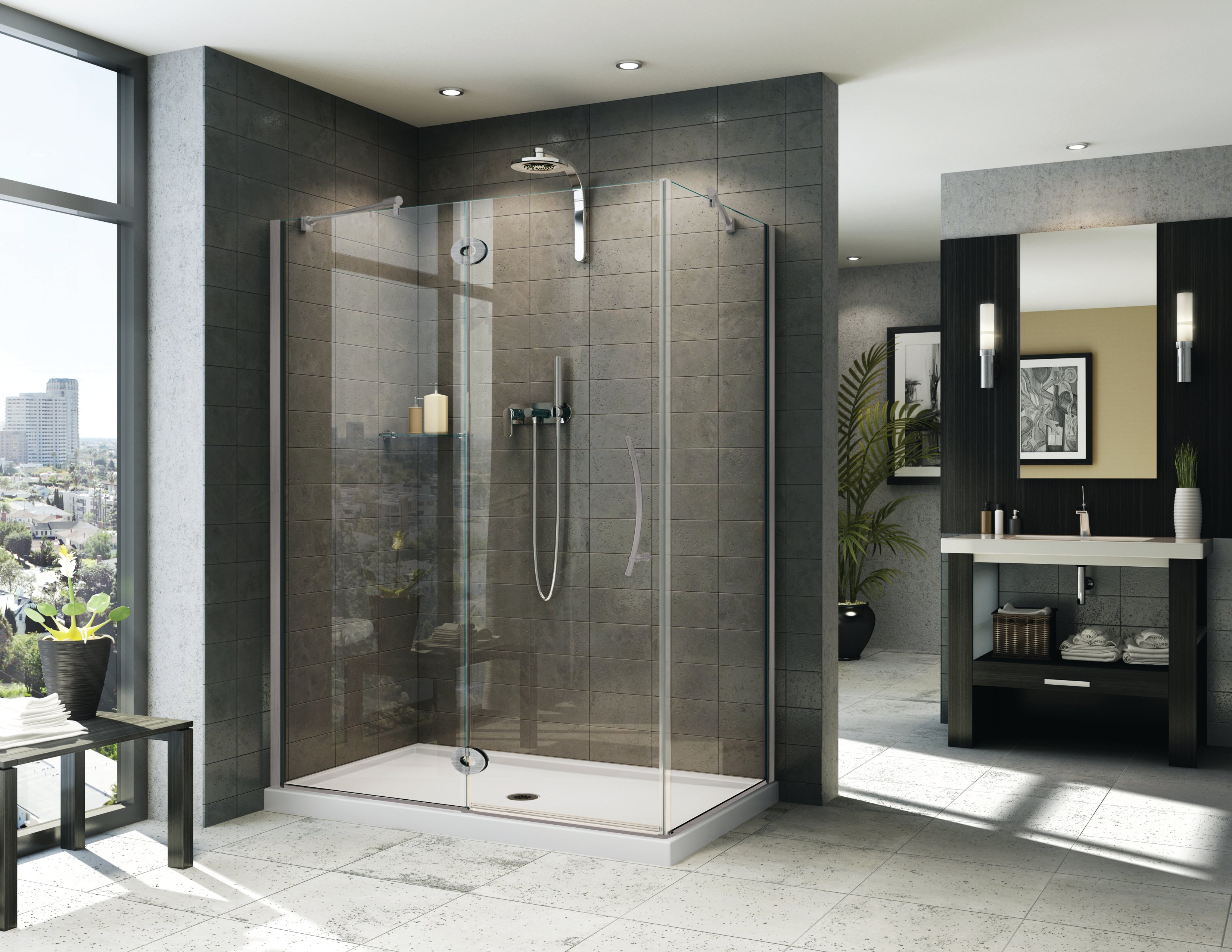 Lexus Right Handed Rectangle Hinge 2 sided Shower Door with Twist Handle & Round Towel Bar - 56"