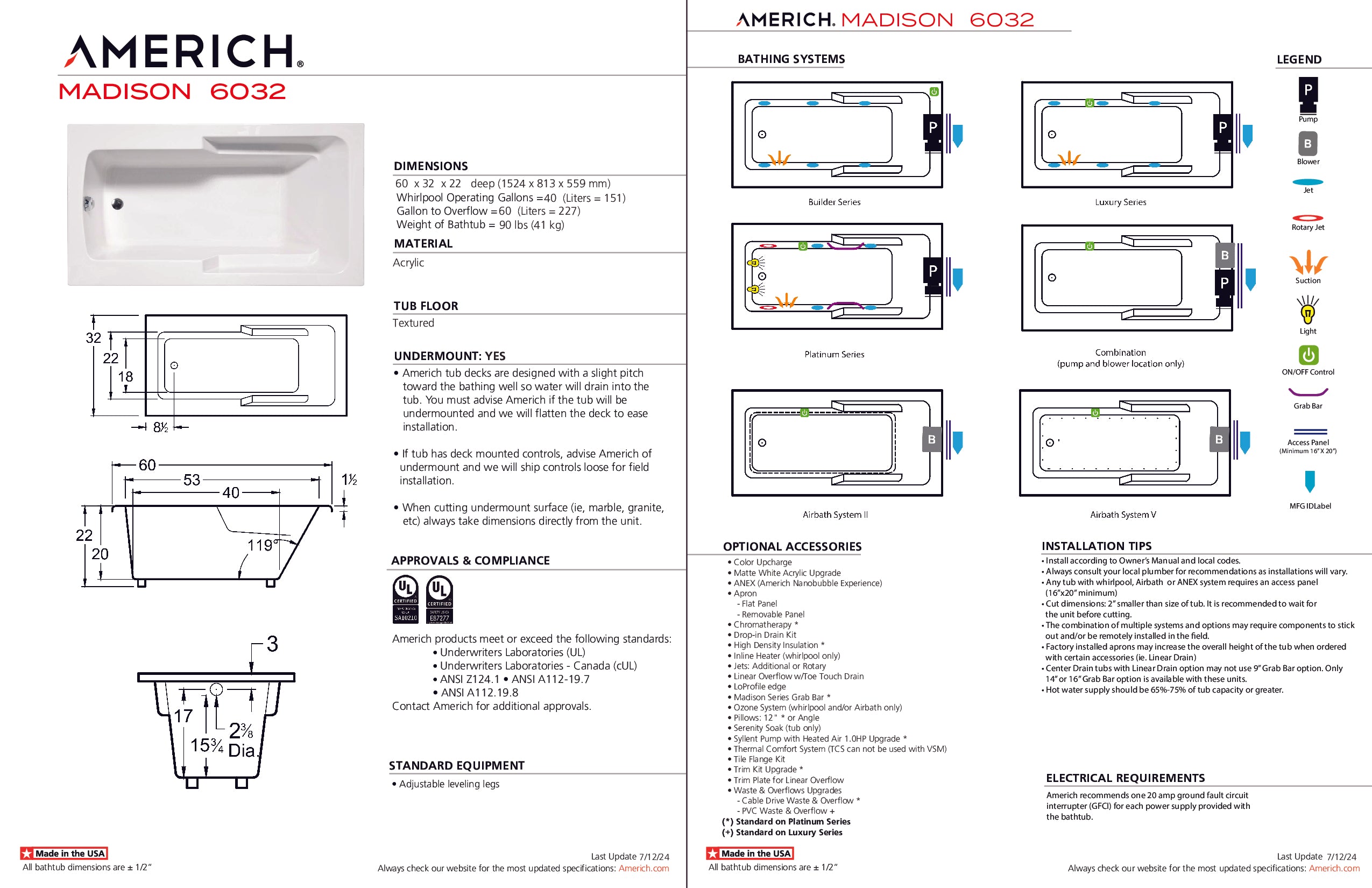 Americh Madison 6032 - Platinum Series Drop-in Bathtub MA6032P-WH
