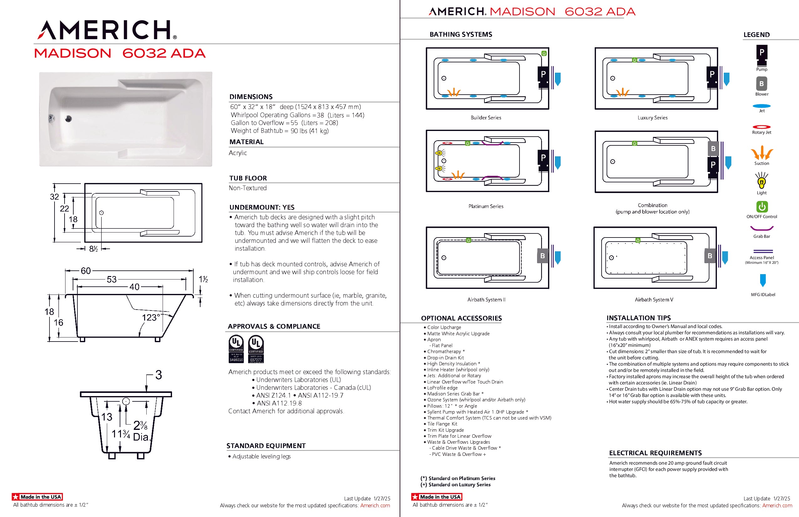 Americh Madison 6032 ADA - Luxury Series Drop-in Bathtub MA6032ADAL-WH