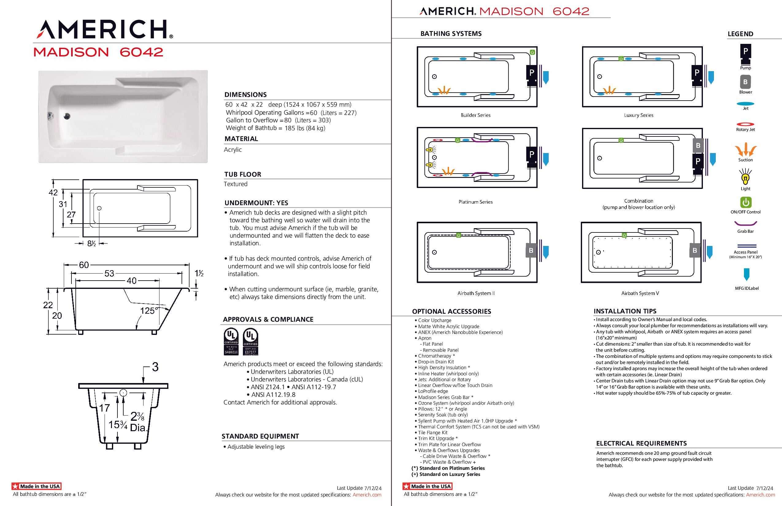 Americh Madison 6042 - Tub Only Drop-in Bathtub MA6042T-WH