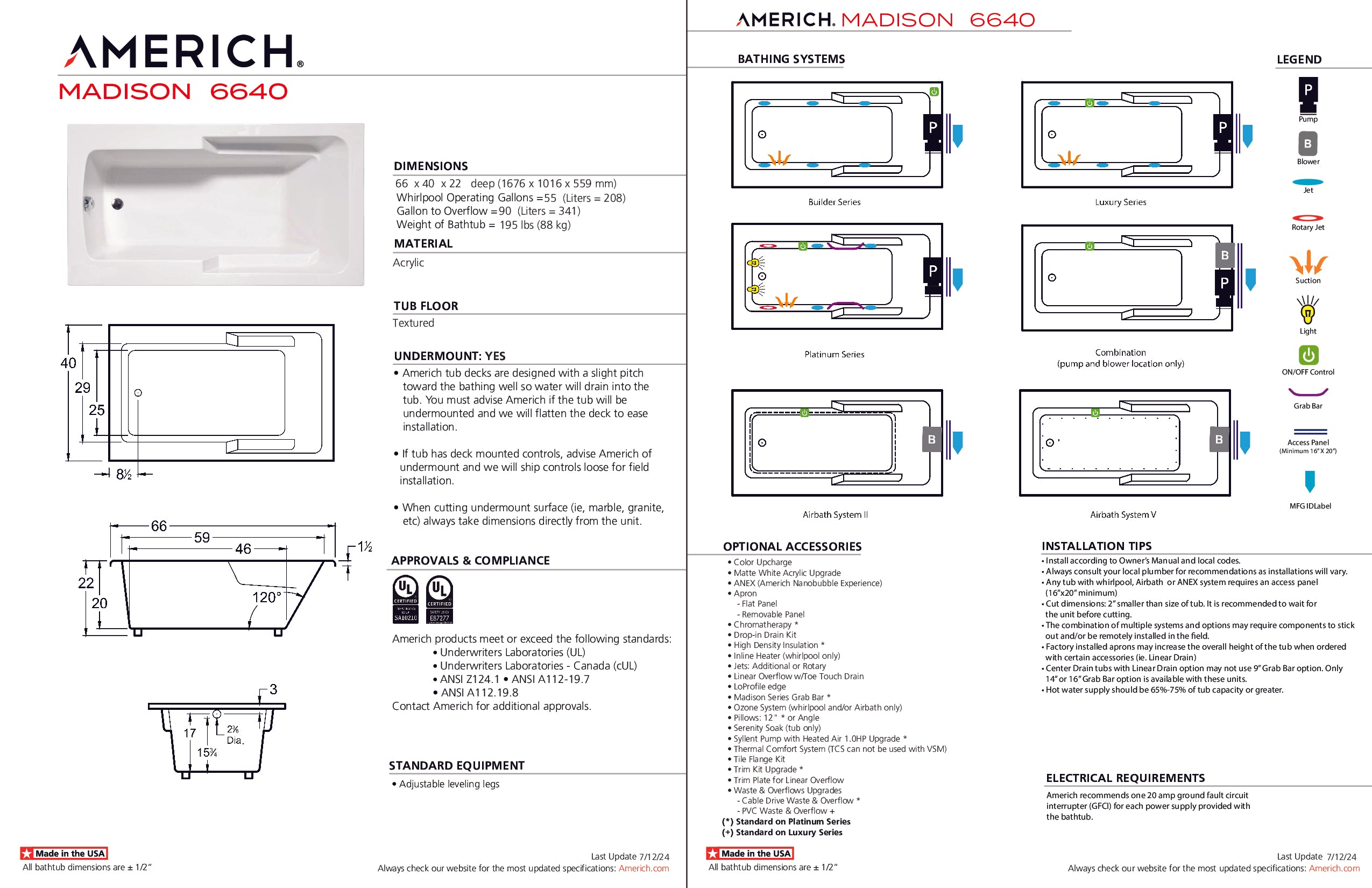 Americh Madison 6640 - Luxury Series Drop-in Bathtub MA6640L-WH