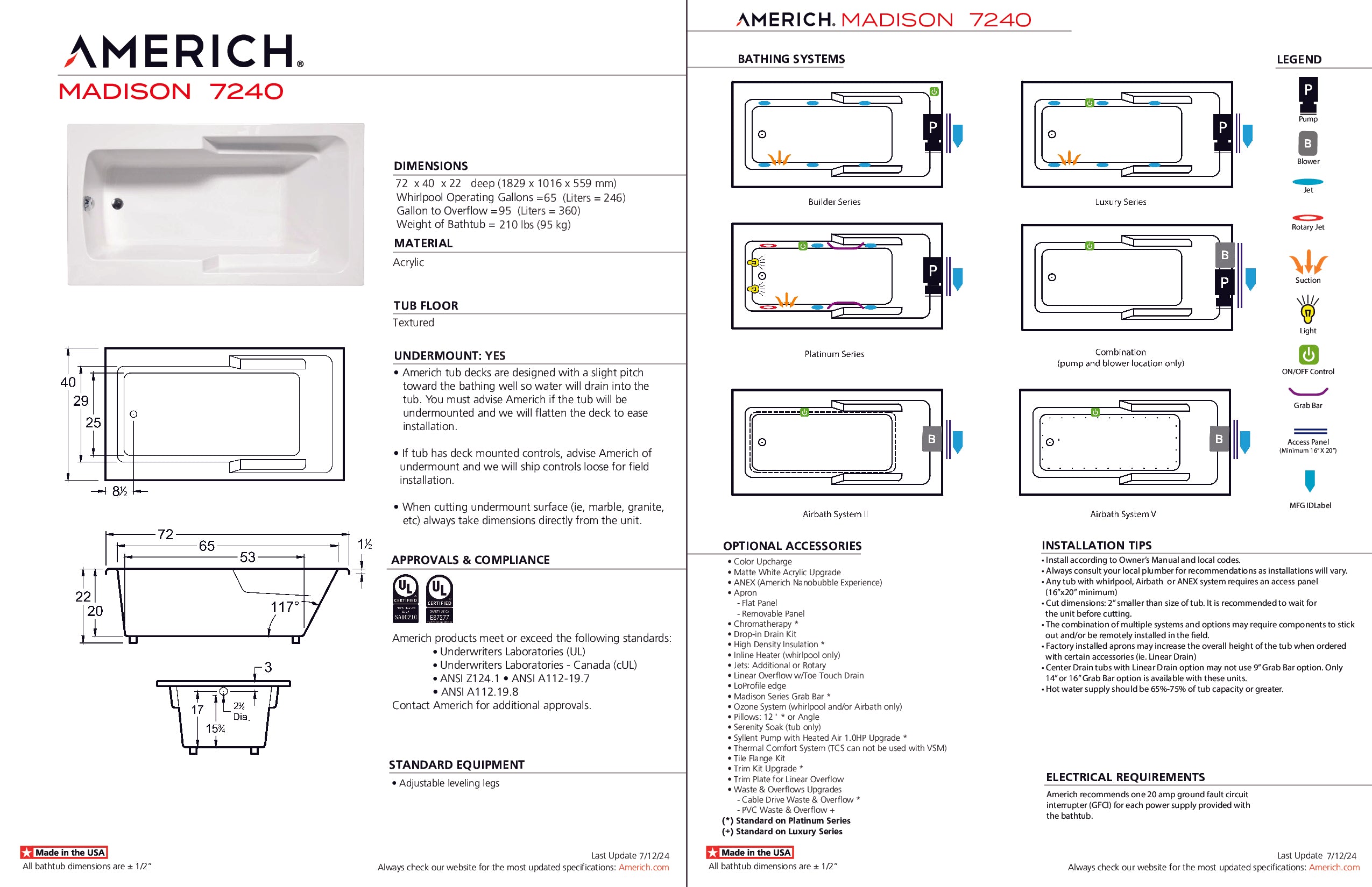 Americh Madison 7240 - Platinum Series Drop-in Bathtub MA7240P-WH