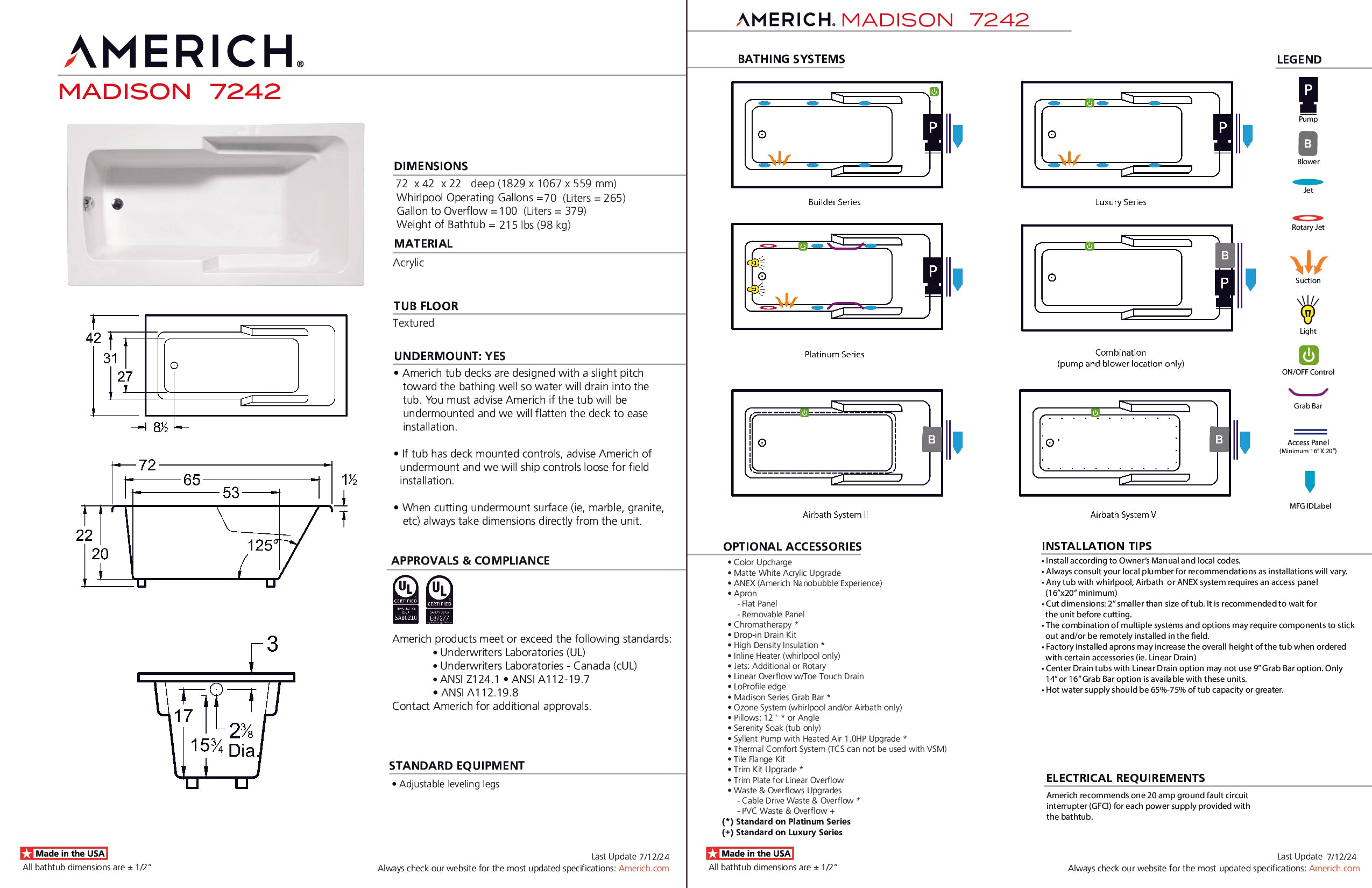 Americh Madison 7242 - Platinum Series Drop-in Bathtub MA7242P-WH
