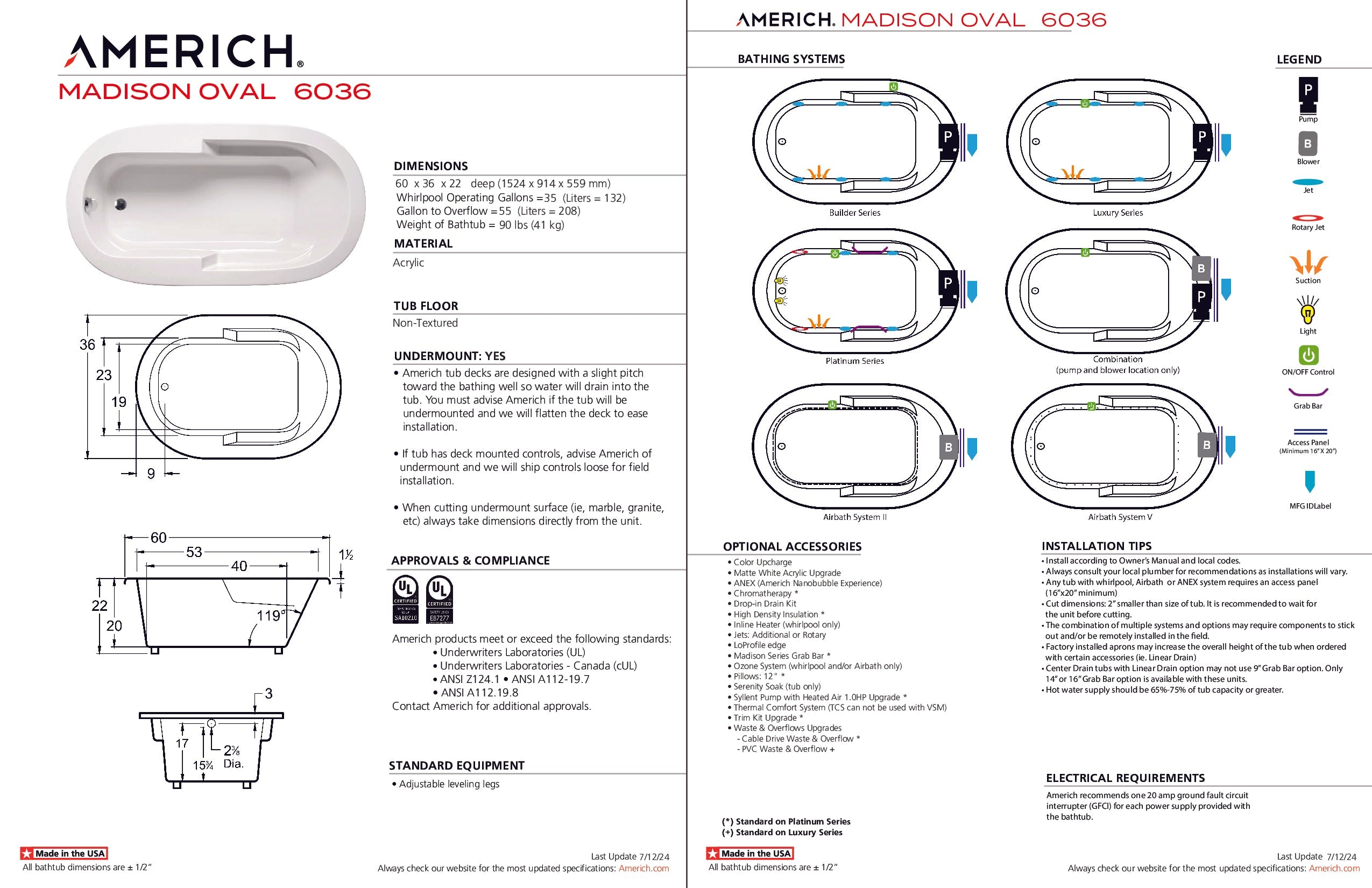 Americh Madison Oval 6036 - Tub Only Drop-in Bathtub OM6036T-WH