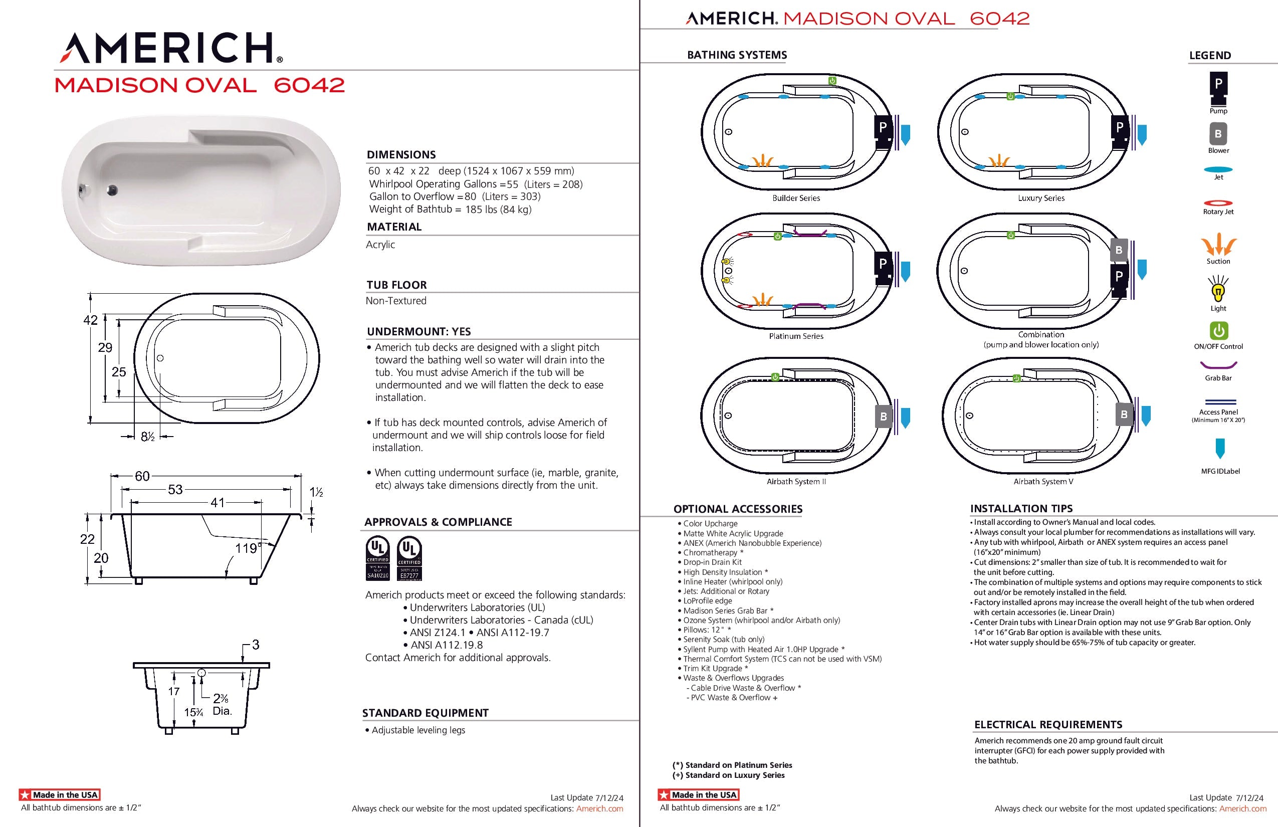 Americh Madison Oval 6042 - Builder Series Drop-in Bathtub OM6042B-WH
