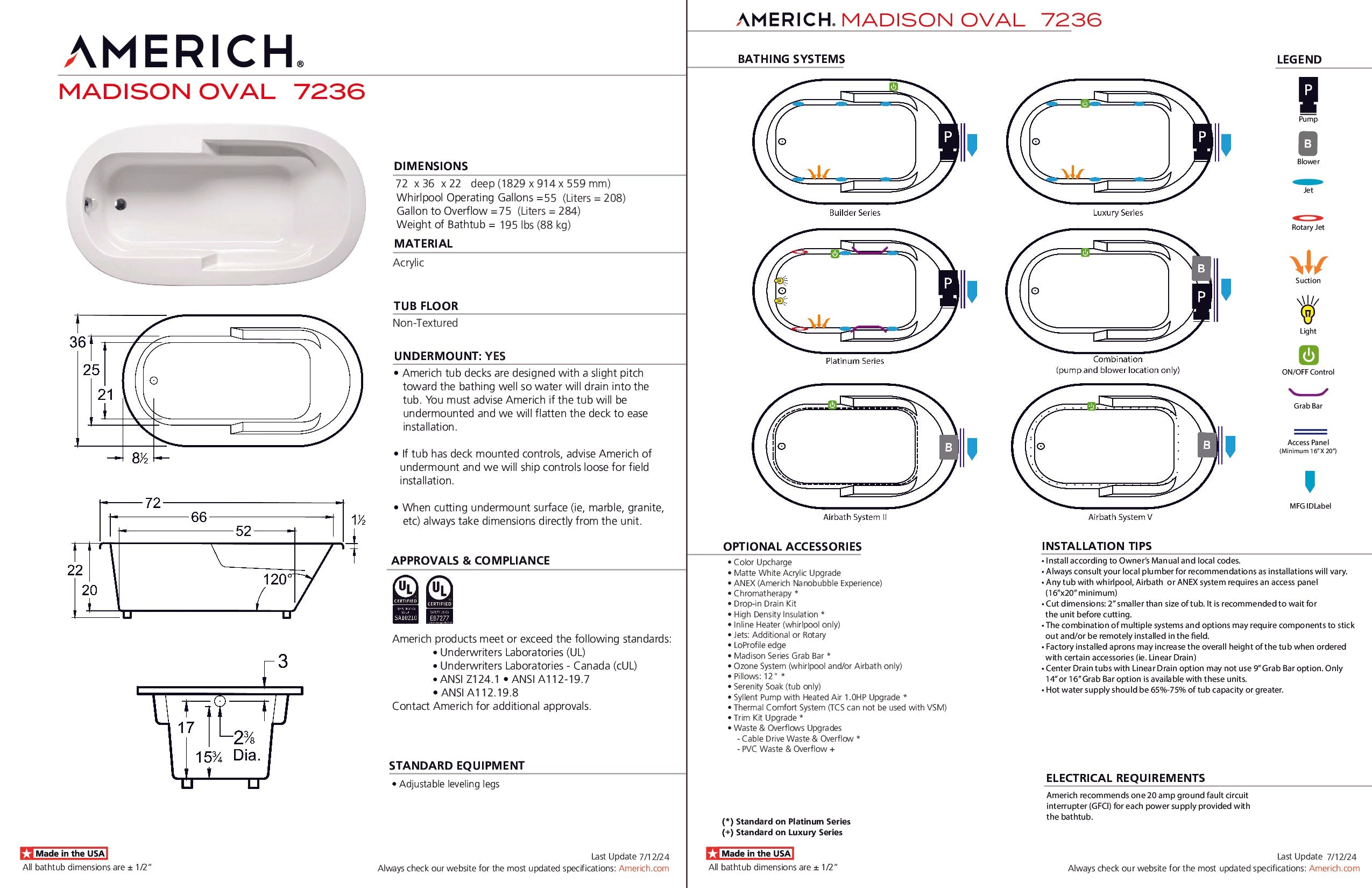 Americh Madison Oval 7236 - Tub Only Drop-in Bathtub OM7236T-WH