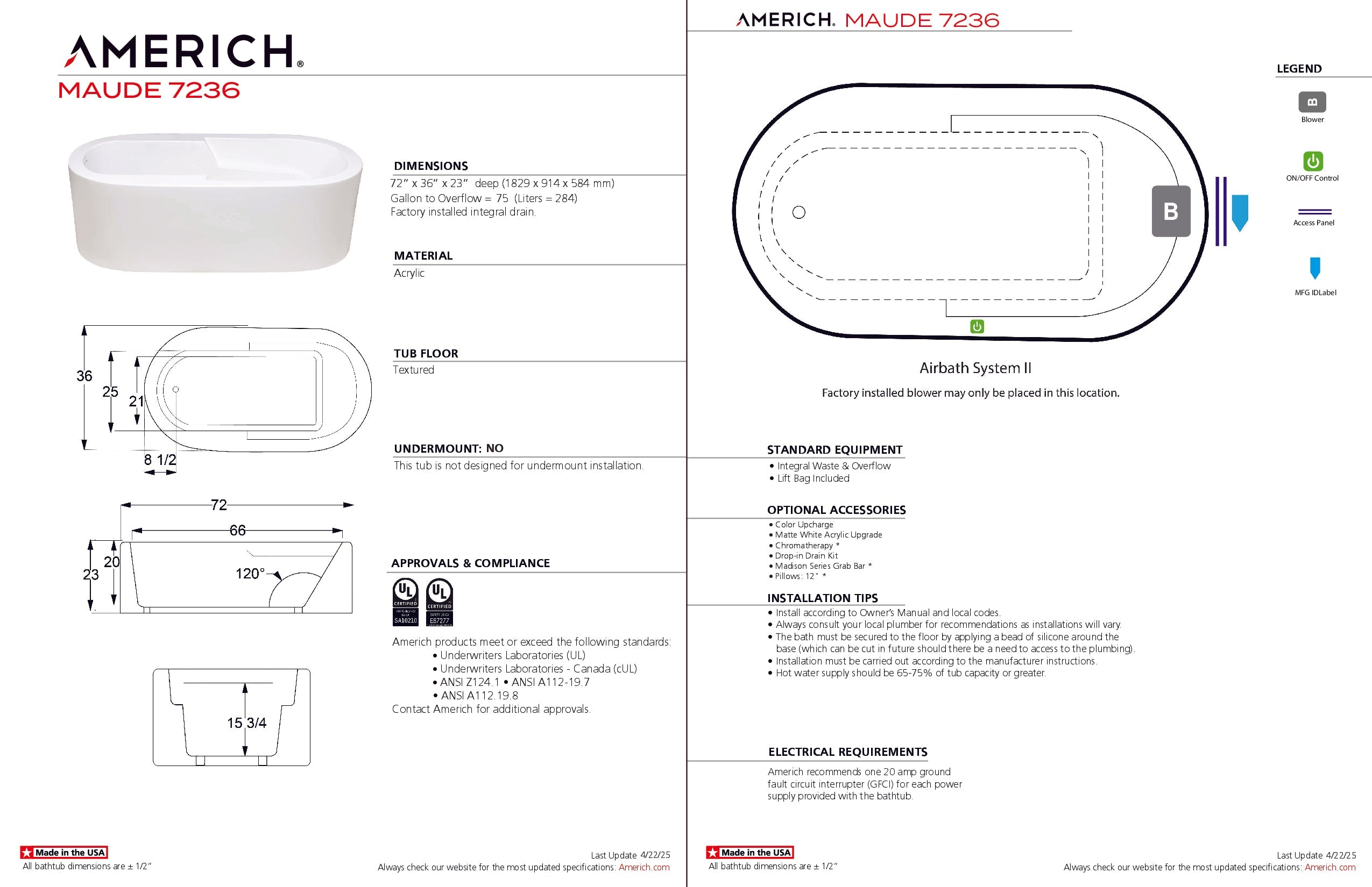 Americh Maude 7236 - Tub Only Freestanding Bathtub MU7236T-WH