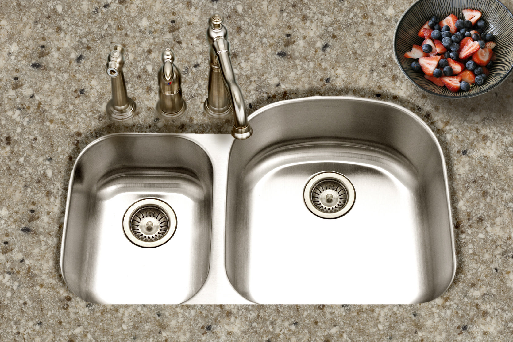 Houzer Medallion 32" Stainless Steel Undermount 30/70 Double Small Left Bowl Kitchen Sink with Strainer