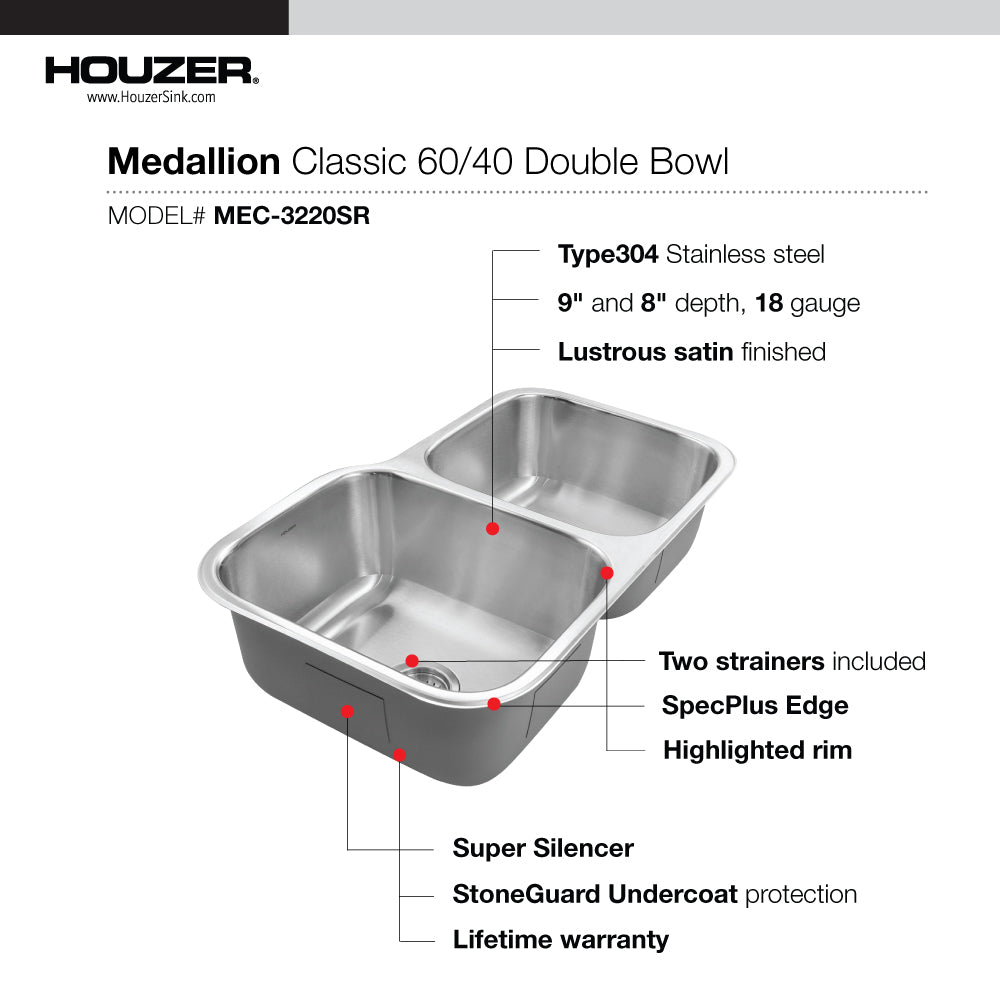 Houzer Medallion Classic 32" Stainless Steel Undermount 60/40 Double Bowl with Small Right Bowl Kitchen Sink with Strainer